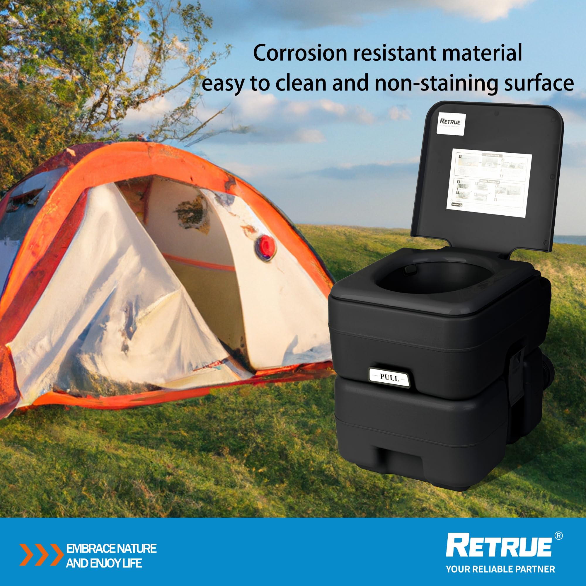 RETRUE 5.3 Gallon Portable Camping Toilet - Leak-Proof Travel Porta Potty with Detachable Waste Tank & Upgraded Flush Pump | Ideal for RV, Boat, Camping & Outdoor Adventures | Perfect for Road Trips, Hiking & Emergency Preparedness