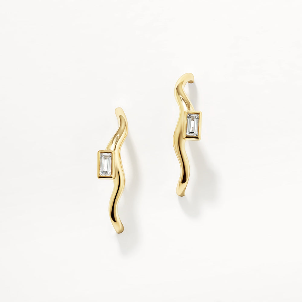 White Topaz Baguette Wave Suspender Bar Earrings in Gold - Elegant Dangle Earrings for Women, Perfect for Weddings, Parties & Evening Events