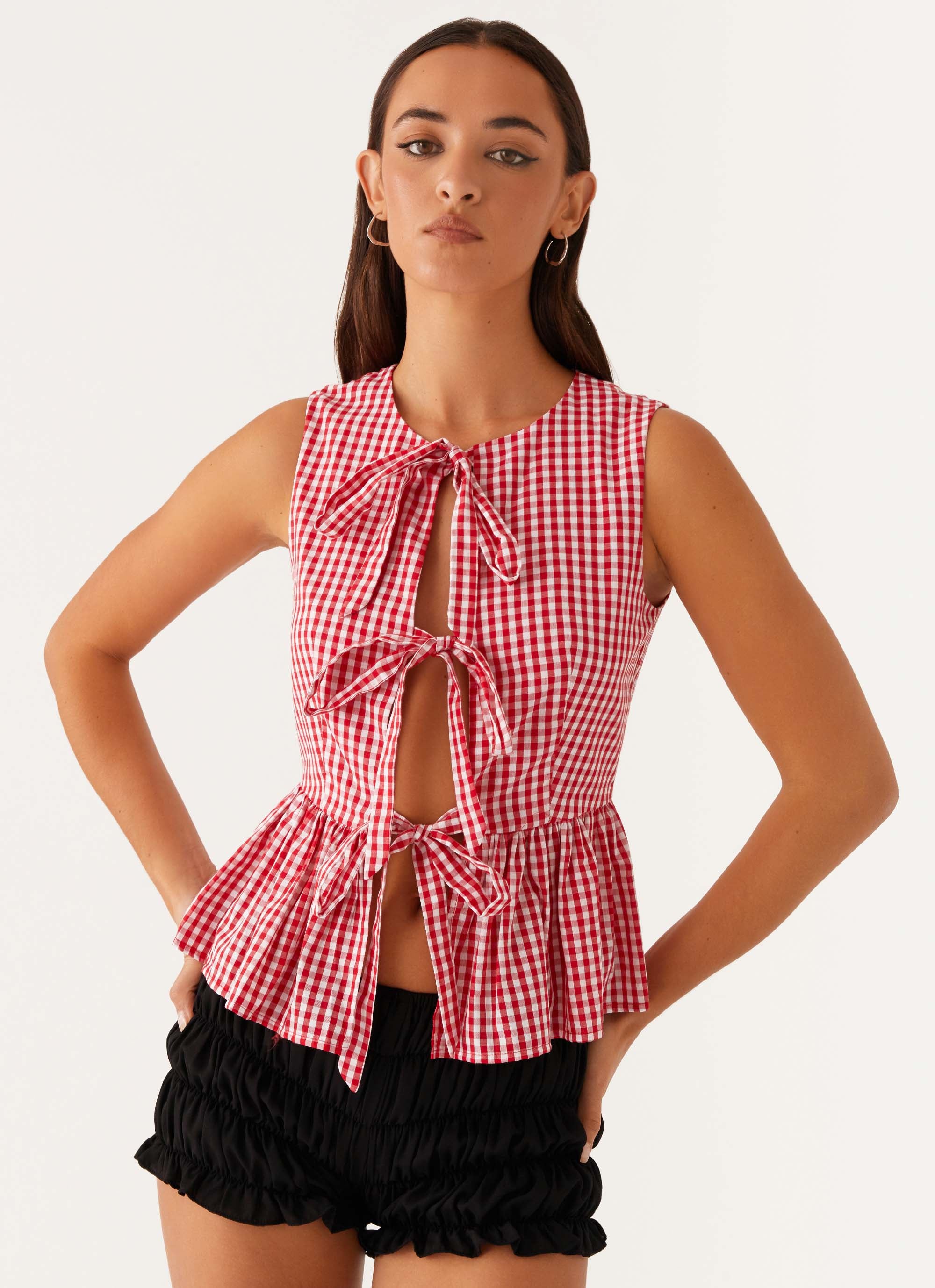 Cyrene Tie Top Women's Blouse - Red Gingham Print Short Sleeve Shirt for Summer | Casual Outfit, Beach Wear & Vacation Style