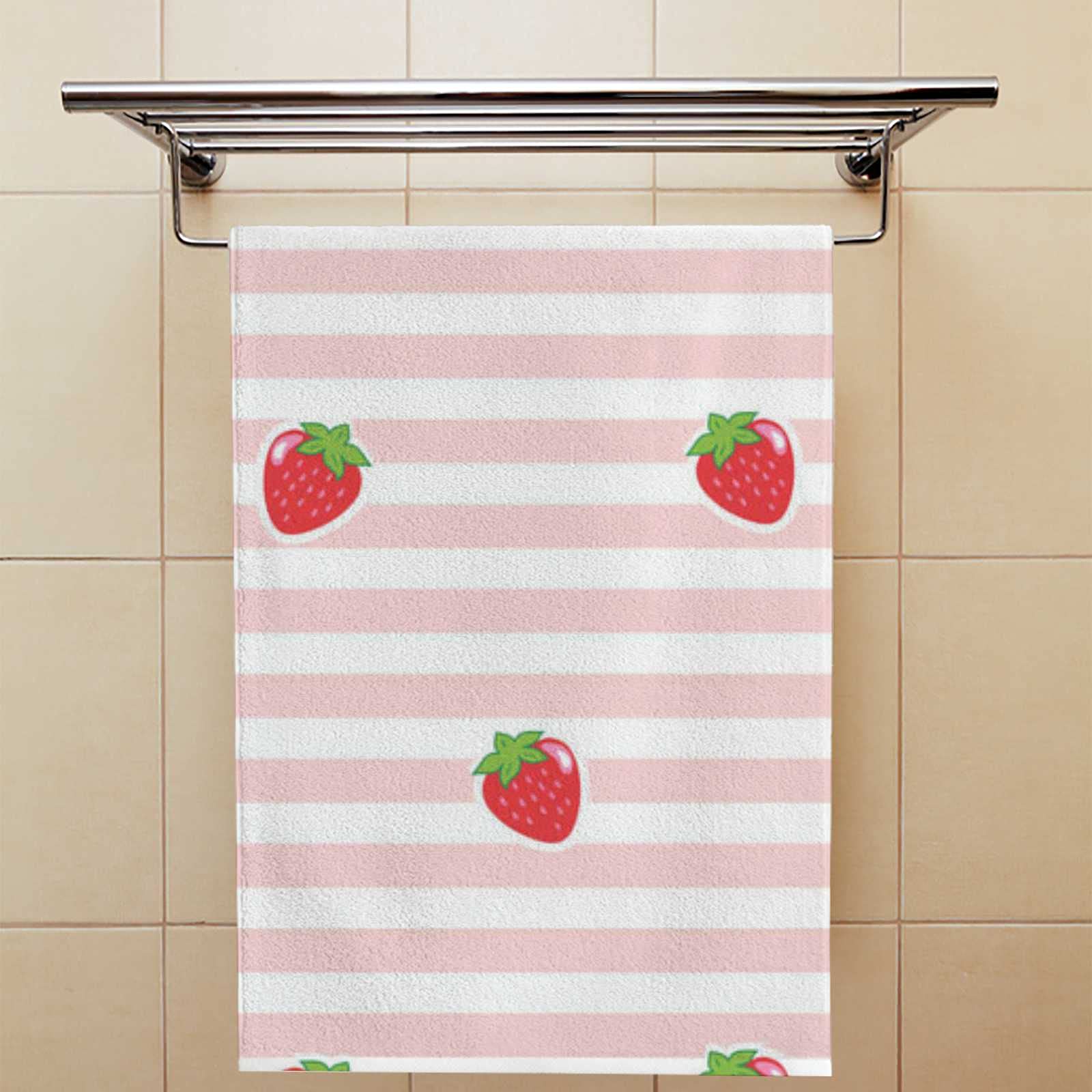 Soft Pink Strawberry Print Hand & Face Towels Set of 2 - Super Absorbent Quick Dry Bath & Kitchen Washcloths (30x15 Inch) - Perfect for Bathroom, Kitchen & Couples Gift