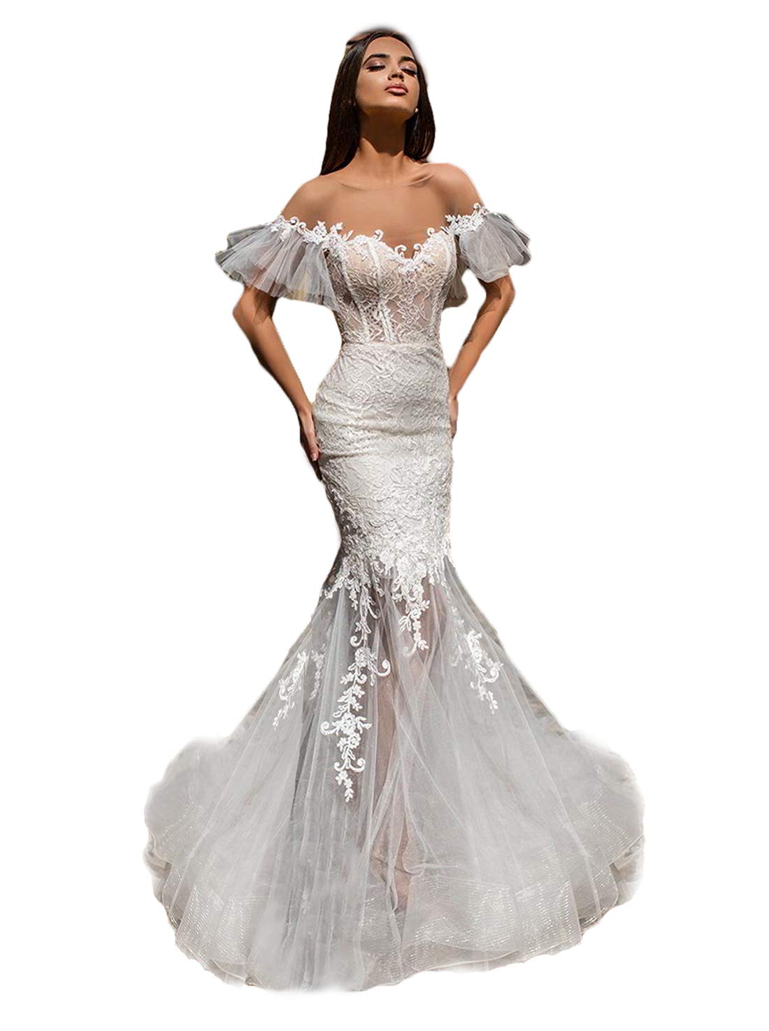 Elegant Off Shoulder Boho Mermaid Wedding Dress with Backless Design - Perfect for Beach, Garden, and Outdoor Boho Chic Bridal Ceremonies