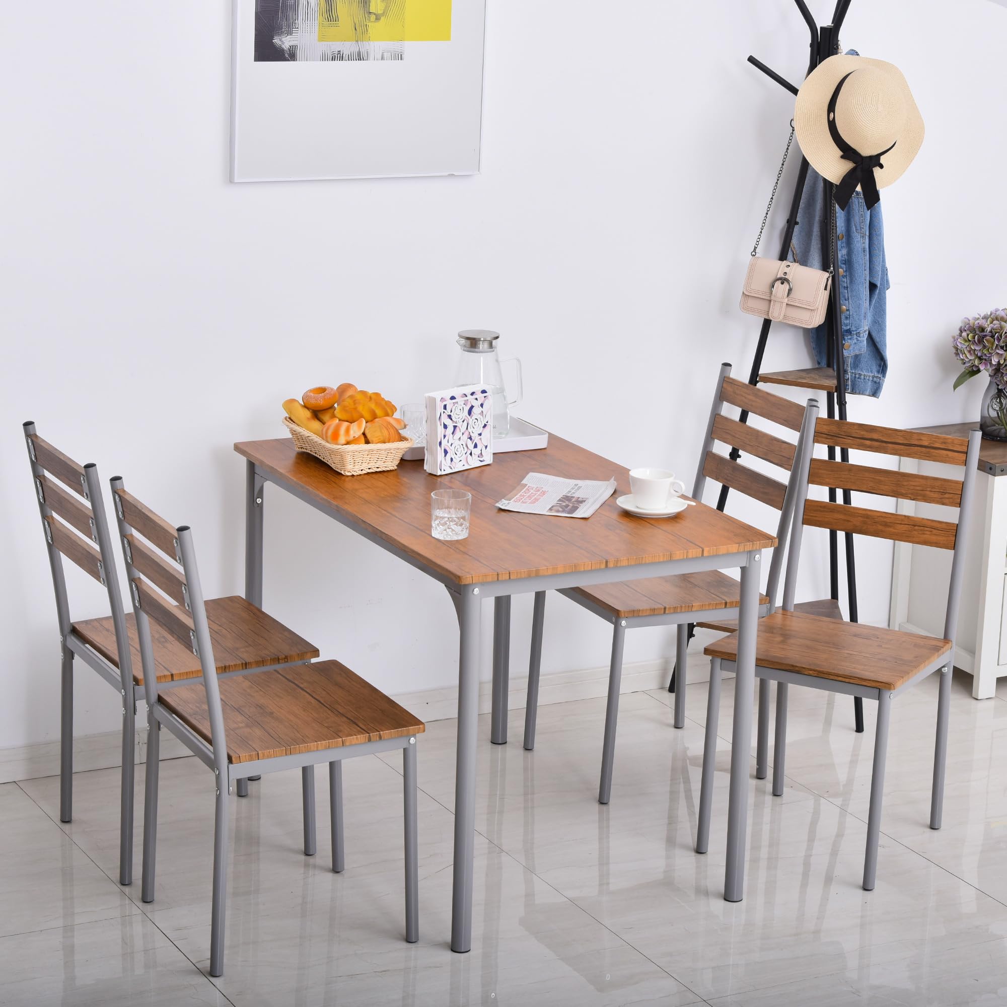 Modern 5-Piece Dining Table Set for 4 with Rectangular Table & 4 Chairs - Space-Saving Kitchen Furniture for Small Spaces, Dinettes & Breakfast Nooks - Perfect for Family Meals, Entertaining Guests & Daily Dining (Brown)