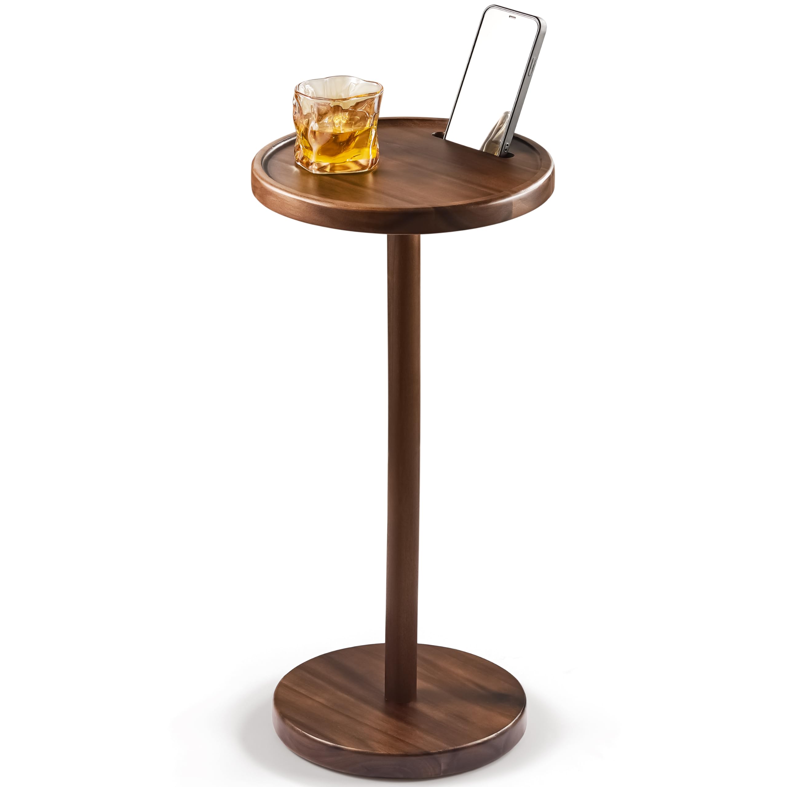 Modern Acacia Wood Pedestal Side Table - 10.6x24 Inches Small End Table with Weighted Base, Phone Slot & Charging Hole - Perfect for Cocktails, Coffee & Compact Living Spaces (Walnut Finish)