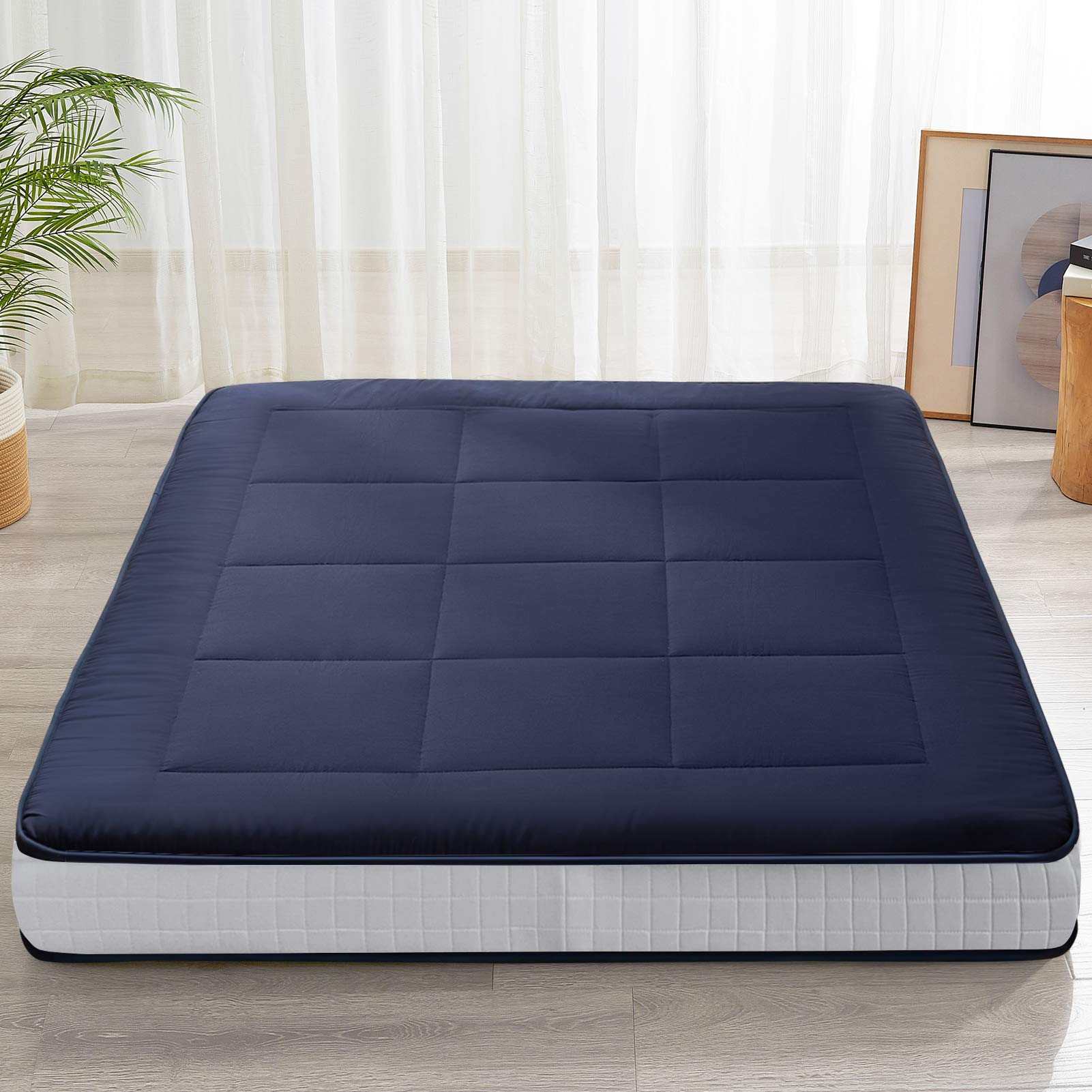 MAXYOYO 6-Inch Extra Thick Floor Futon Mattress - Japanese Style Square Quilted Tatami Bed in Navy Blue | Perfect for Small Spaces, Guest Rooms & Minimalist Home Decor