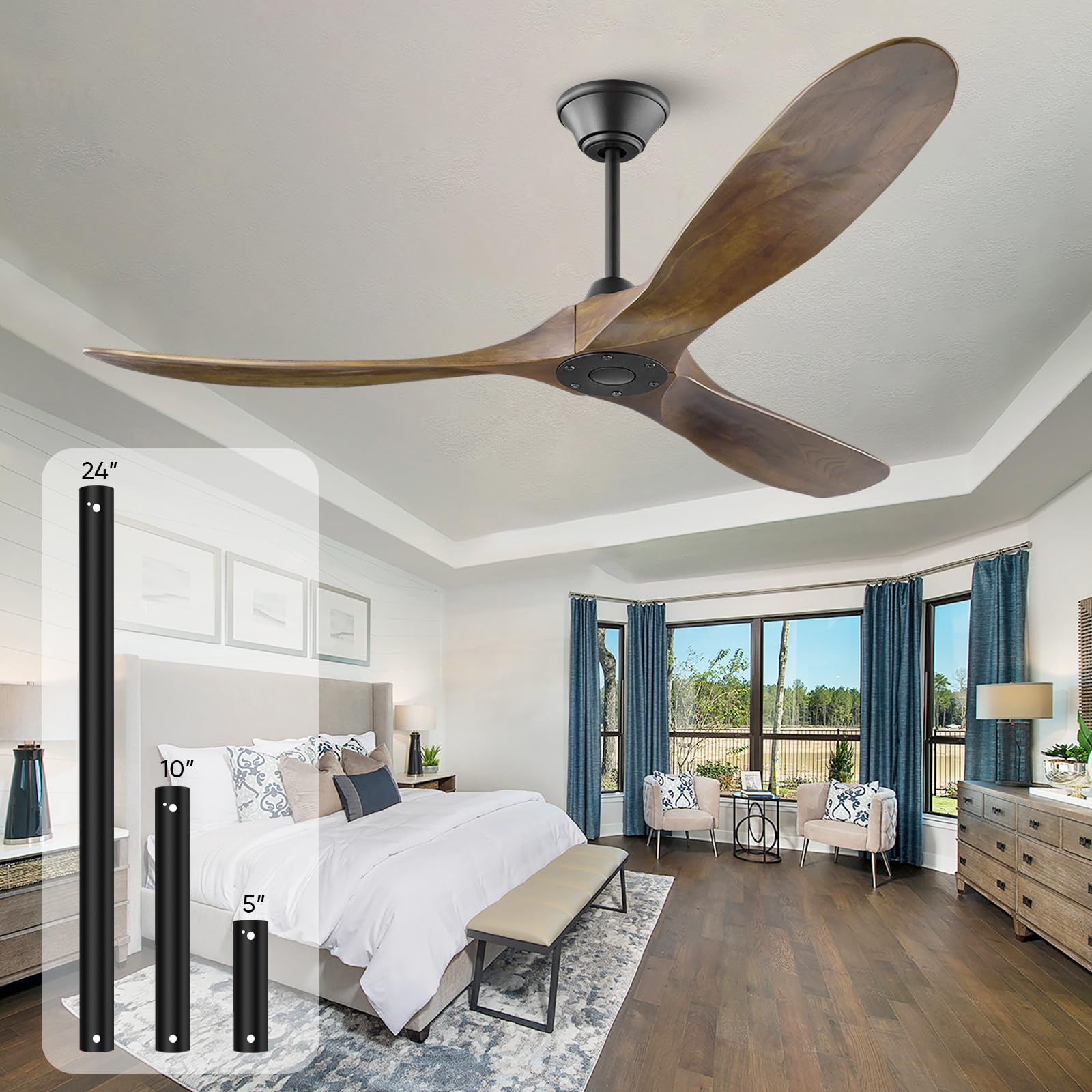 70 Inch Outdoor Ceiling Fan No Light - Large 3 Blade Solid Wood Ceiling Fan for Patio, Porch & Living Room - High CFM DC Motor Quiet Fan for Cooling & Air Circulation