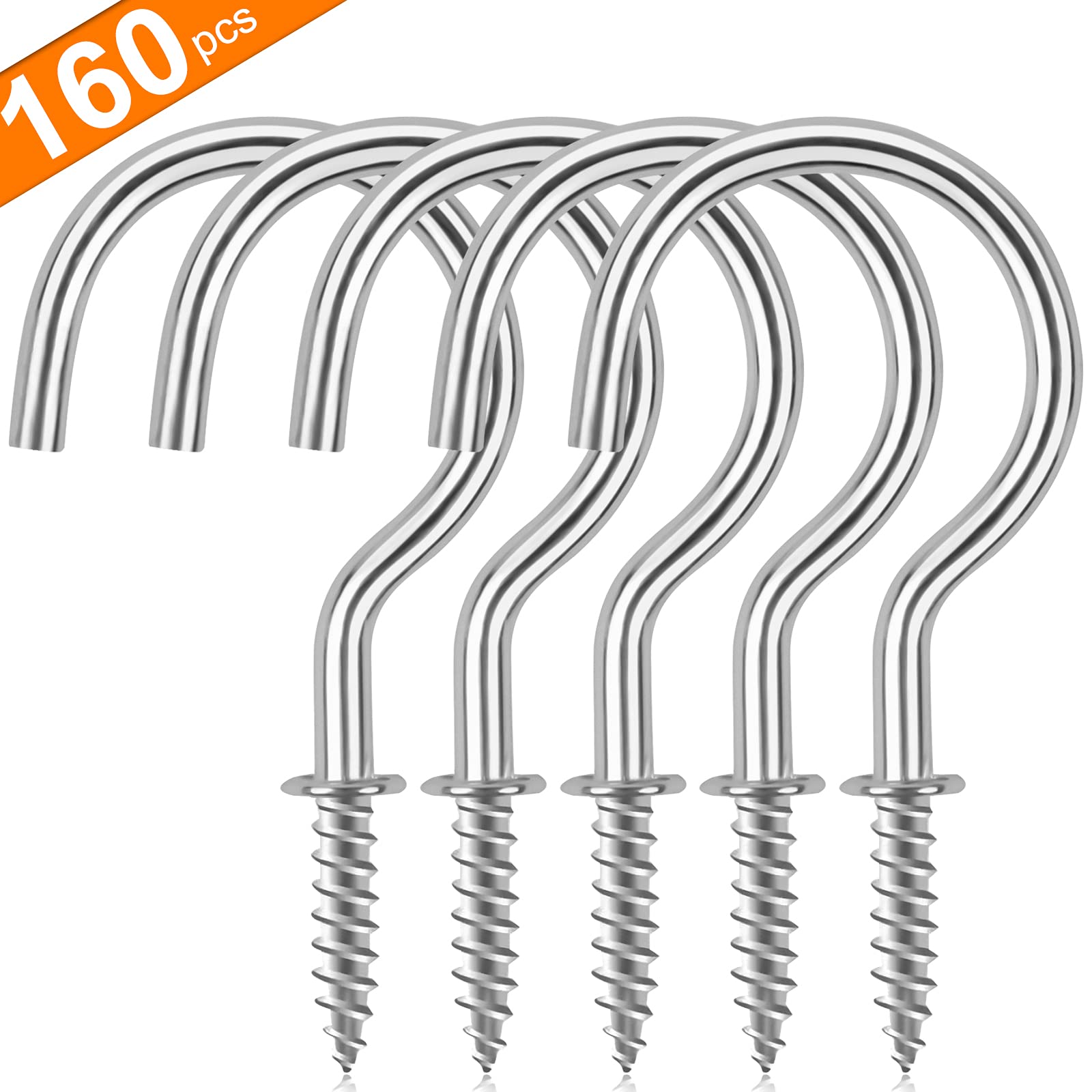 3/4 Inch Metal Screw in Ceiling Hooks - 160 Pack Silver Cup Screw Hooks for Plant Hangers, Wind Chimes & Kitchen Storage - Heavy Duty Indoor/Outdoor Hanging Solution for Home, Garden & Garage Organization