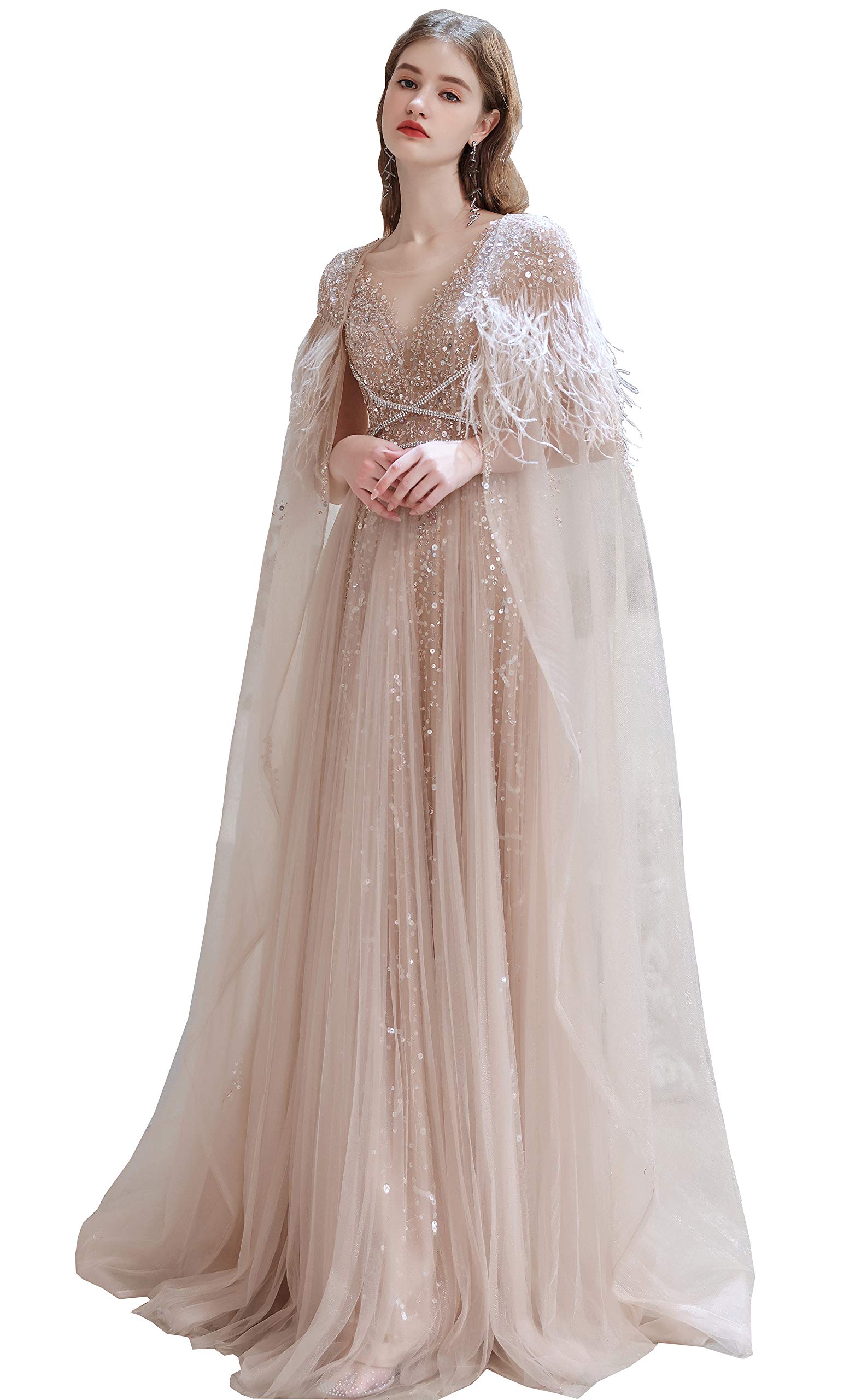 Elegant Women's V-Neck Beaded Sequins Tulle Evening Gown with Detachable Shawl - Perfect for Prom, Wedding Guest, Cocktail Party & Formal Occasions
