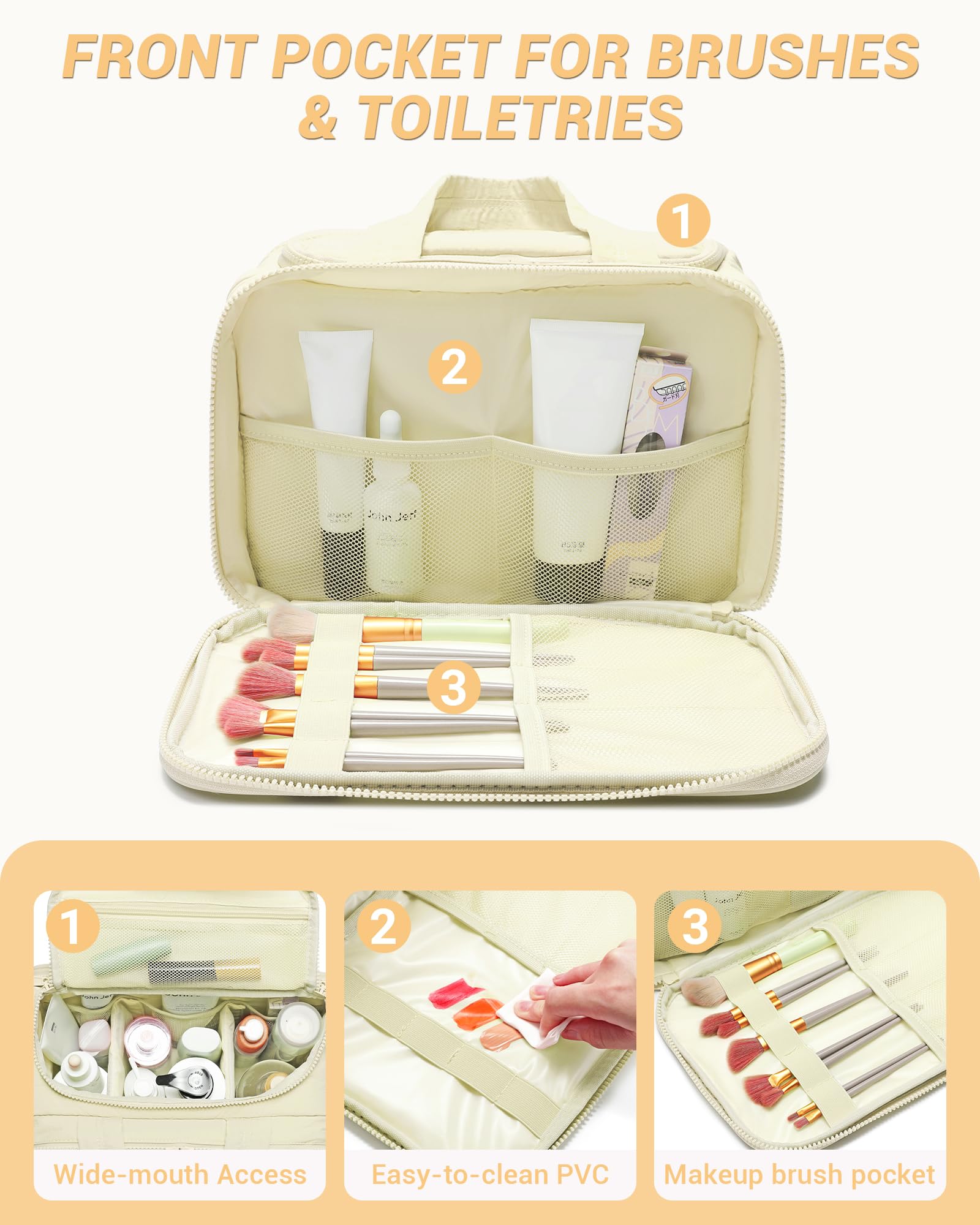Quilted Travel Toiletry Bag for Women - Lightweight Cosmetic Makeup Organizer with Handle for Essentials | Puffy Wide-Open Design | Perfect for Air Travel, Vacation & Gym Accessories Storage (Beige)