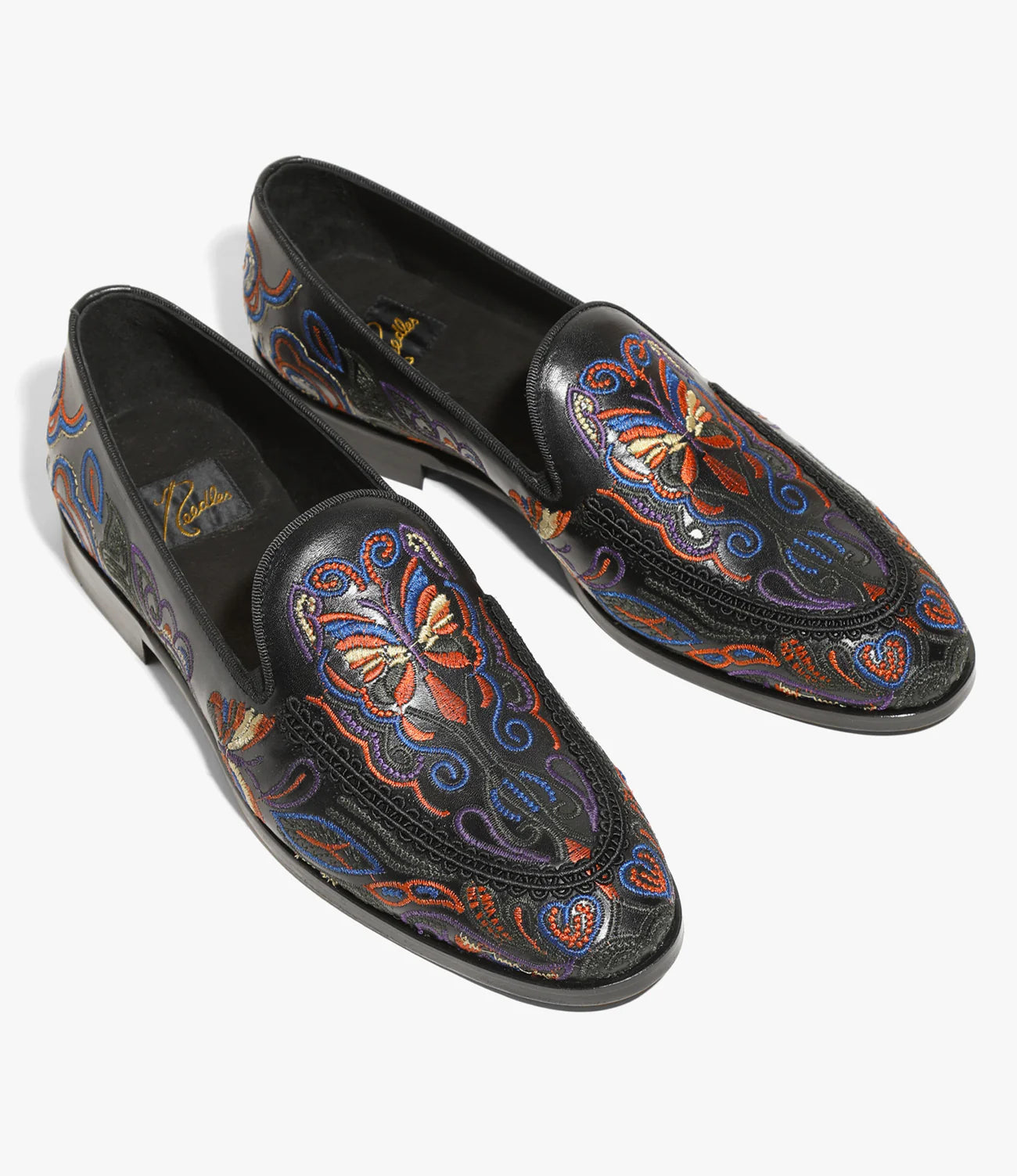 Black Leather Papillon Embroidered Slip On Shoes - Comfortable & Stylish Loafers for Women, Perfect for Casual Outings & Office Wear