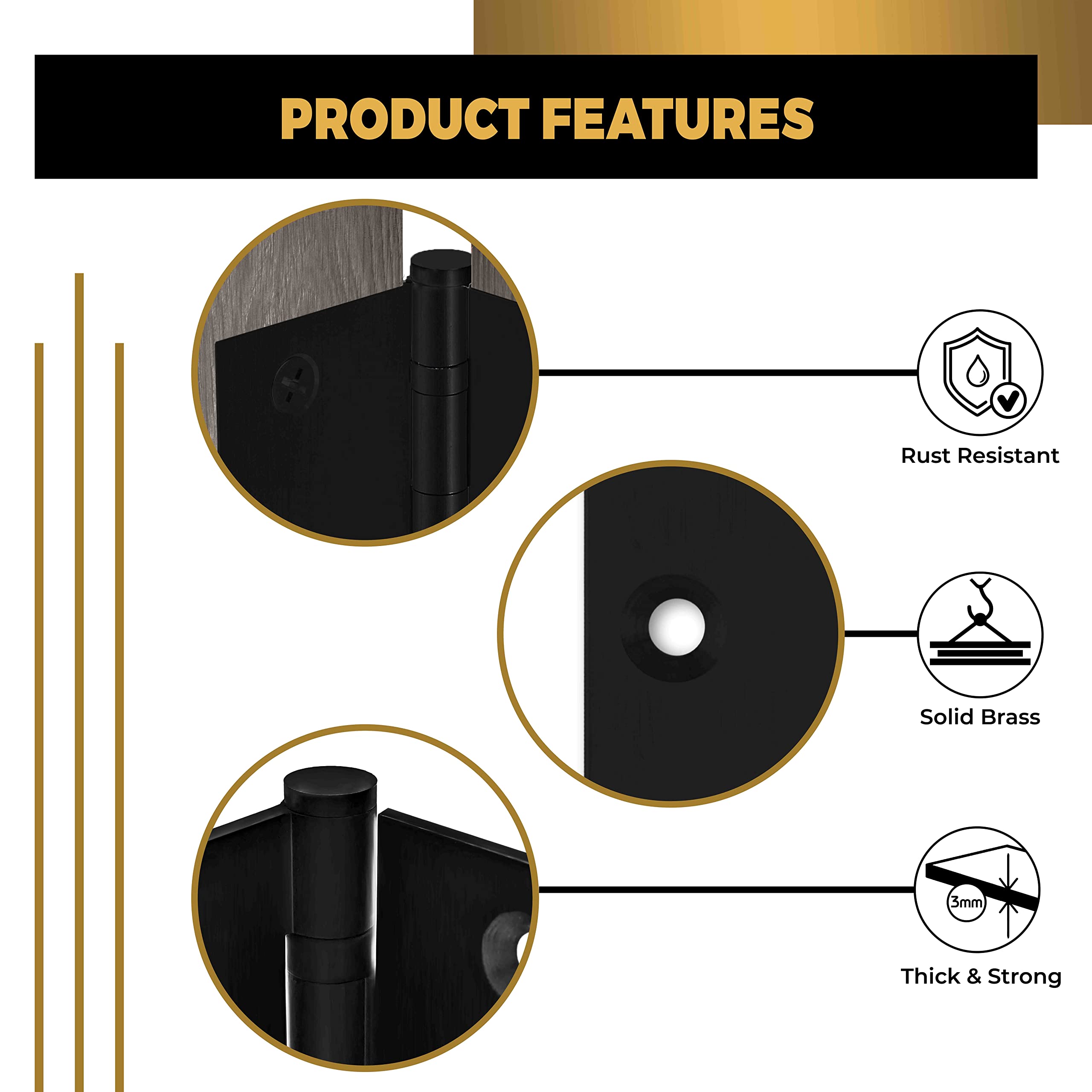 Heavy Duty 5x5 Inch Matte Black Ball Bearing Door Hinge Set of 3 - Solid Brass Construction with Decorative Screw-on Tips - Perfect for Interior/Exterior Doors, Cabinets, and Furniture (Flat Black Finish)