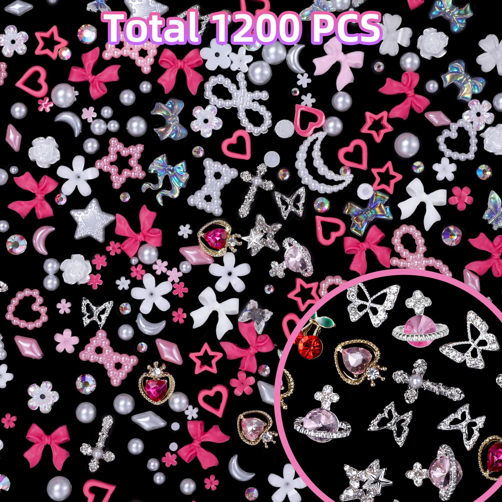 Tatiwoo 1200 Pcs 3D Nail Charms Kit - White & Pink Nail Art Decorations with Bows, Flowers, Bears, Butterflies & AB Rhinestones for DIY Manicure & Nail Jewelry | Perfect for Home Salon, Party Nails, Gift Giving