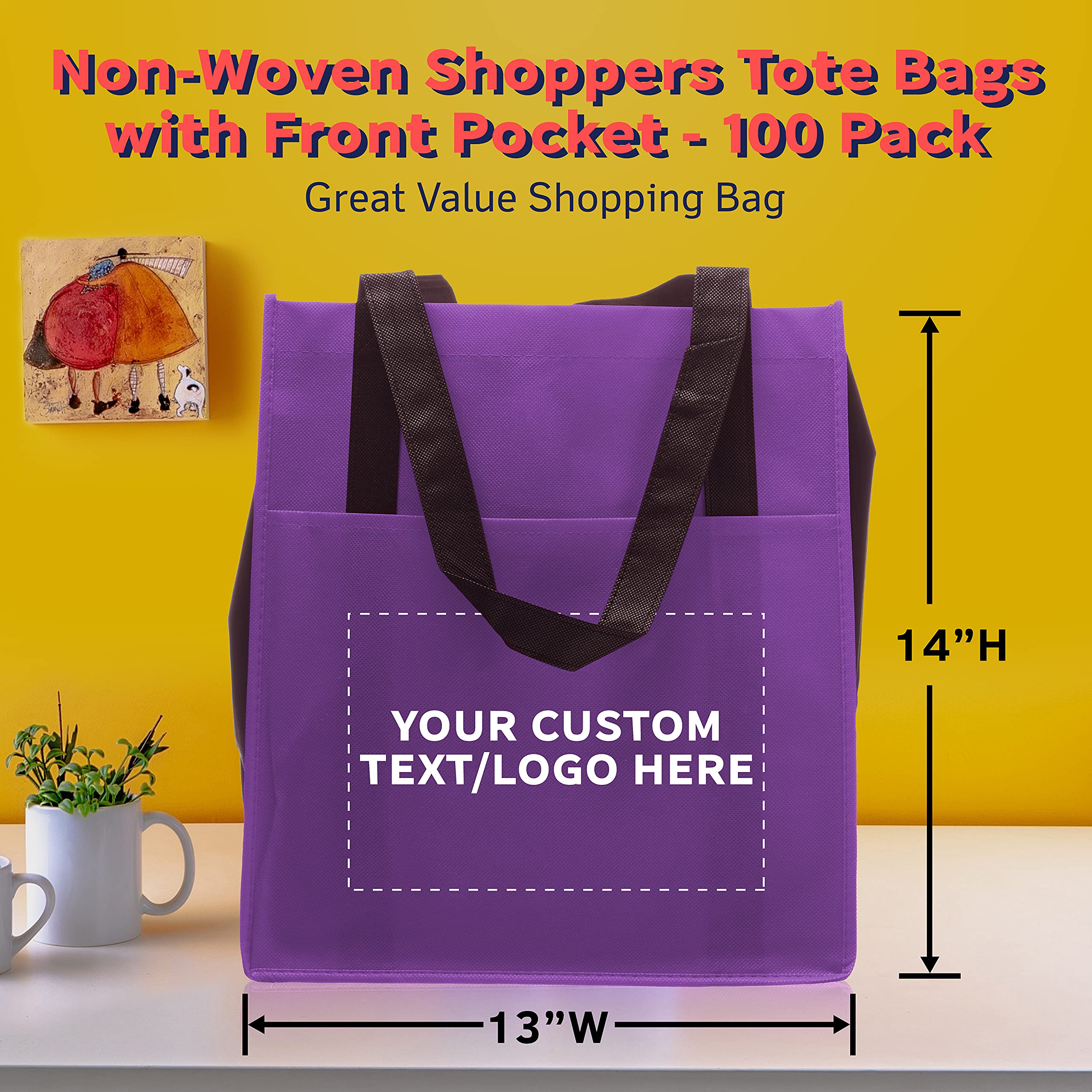 100 Pack Customizable Non-Woven Tote Bags with Front Pocket - Eco-Friendly Reusable Shopping Bags in Vibrant Purple Two-Tone (13