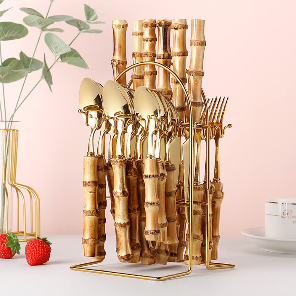 24-Piece Stainless Steel Cutlery Set with Bamboo Handle - 6-Person Flatware Set for Household & Kitchen Use - Dishwasher Safe Silverware - Perfect for Dinner Parties, Restaurants & Daily Dining