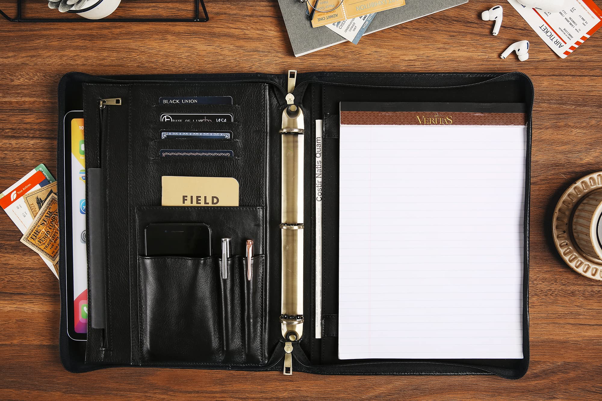 Premium Handmade Leather Portfolio Padfolio - 3 Ring Binder Organizer for Women & Men | Custom Personalized Notebook for iPad & Laptop | Business Meetings, Office Work & Professional Presentations (Black)