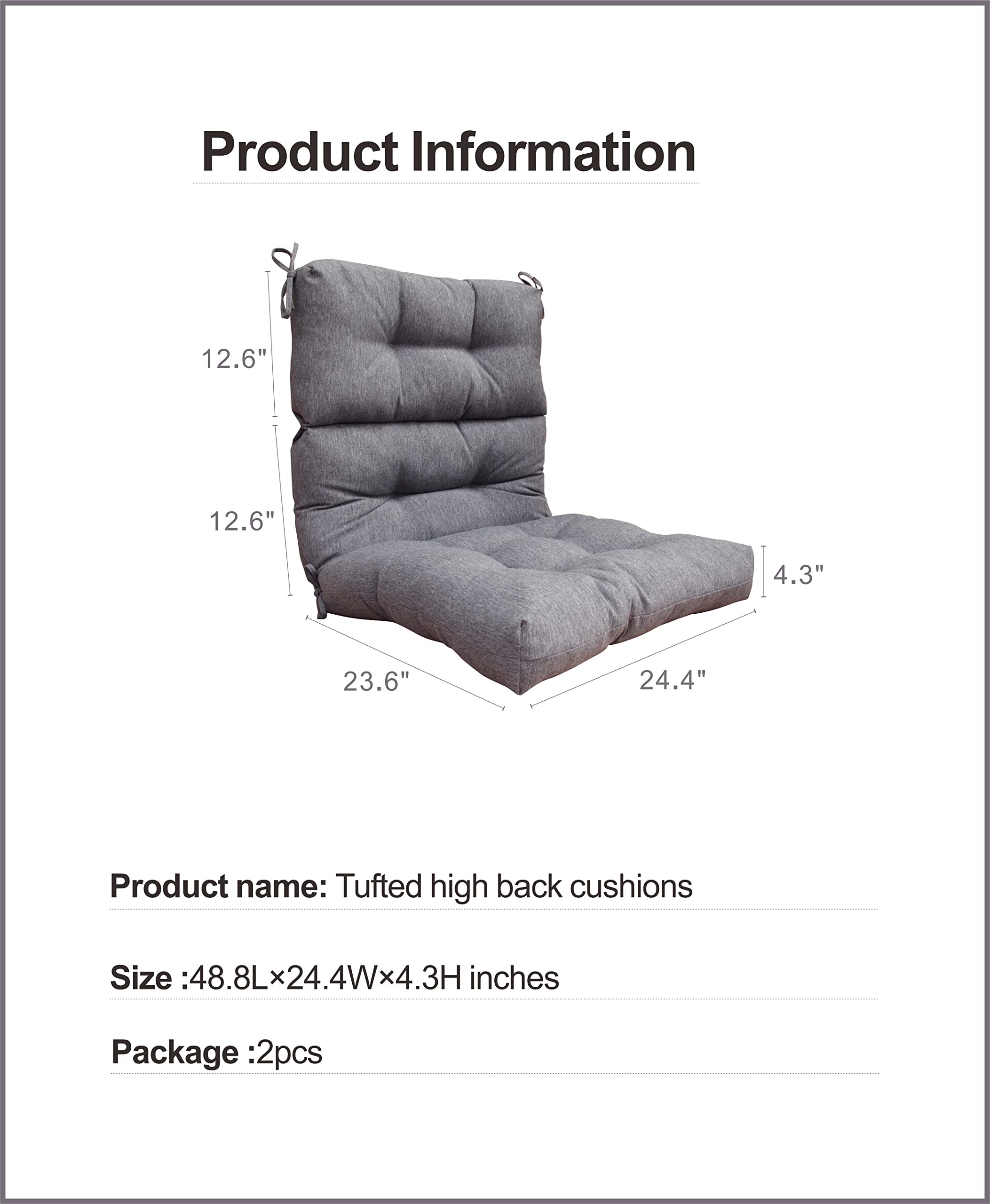 BOSSIMA Outdoor Patio High Back Lawn Chair Cushions - Tufted Square Corner Cushion Set of 2, Taupe - Perfect for Garden, Poolside, and Backyard Relaxation
