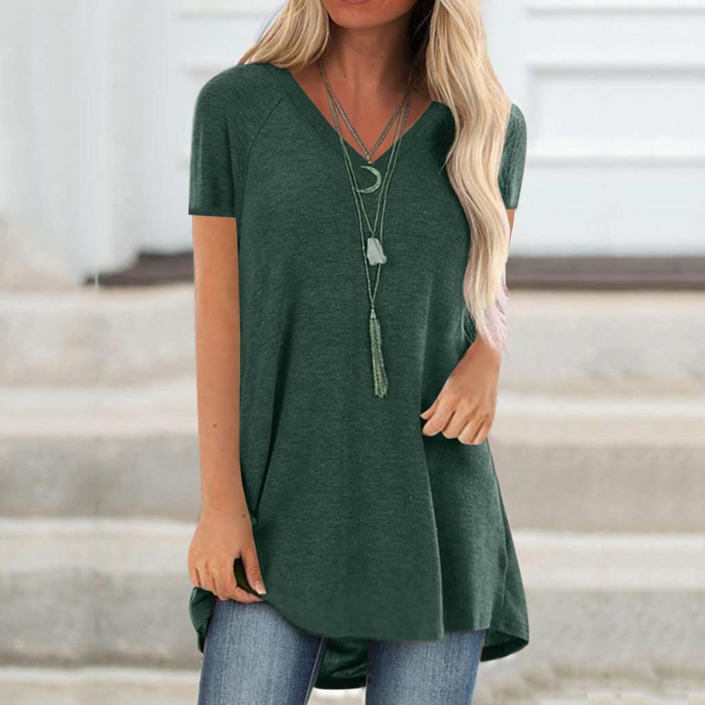 2022 Women's Summer V-Neck Short Sleeve T-Shirts - Casual Solid Blouse Tee, Loose Fit Trendy Tunic Tops for Beach, Travel & Everyday Wear