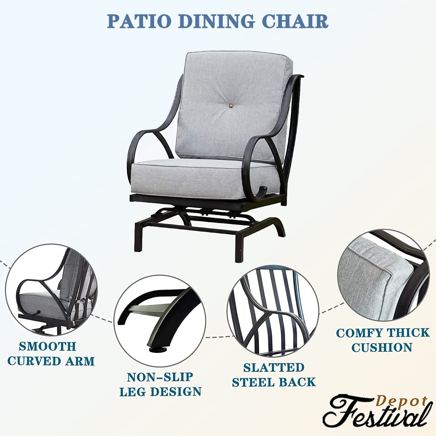 Festival Depot 1 Patio Dining Chair with Thick Cushions - Sturdy Metal Frame Outdoor Furniture for Bistro, Deck, Garden - Comfortable Grey Seating (B-PF19110-G-new) - Perfect for Outdoor Dining, Lounging, and Entertaining