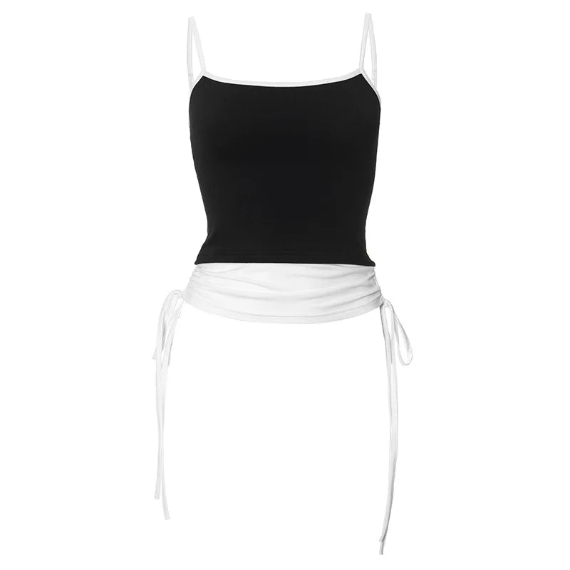 Black and White Patchwork Tanks & Camis - Fashion Drawstring Backless Crop Tops for Women | Summer Casual Wear 2024 | Perfect for Beach, Music Festivals & Street Style (P85 BF11)