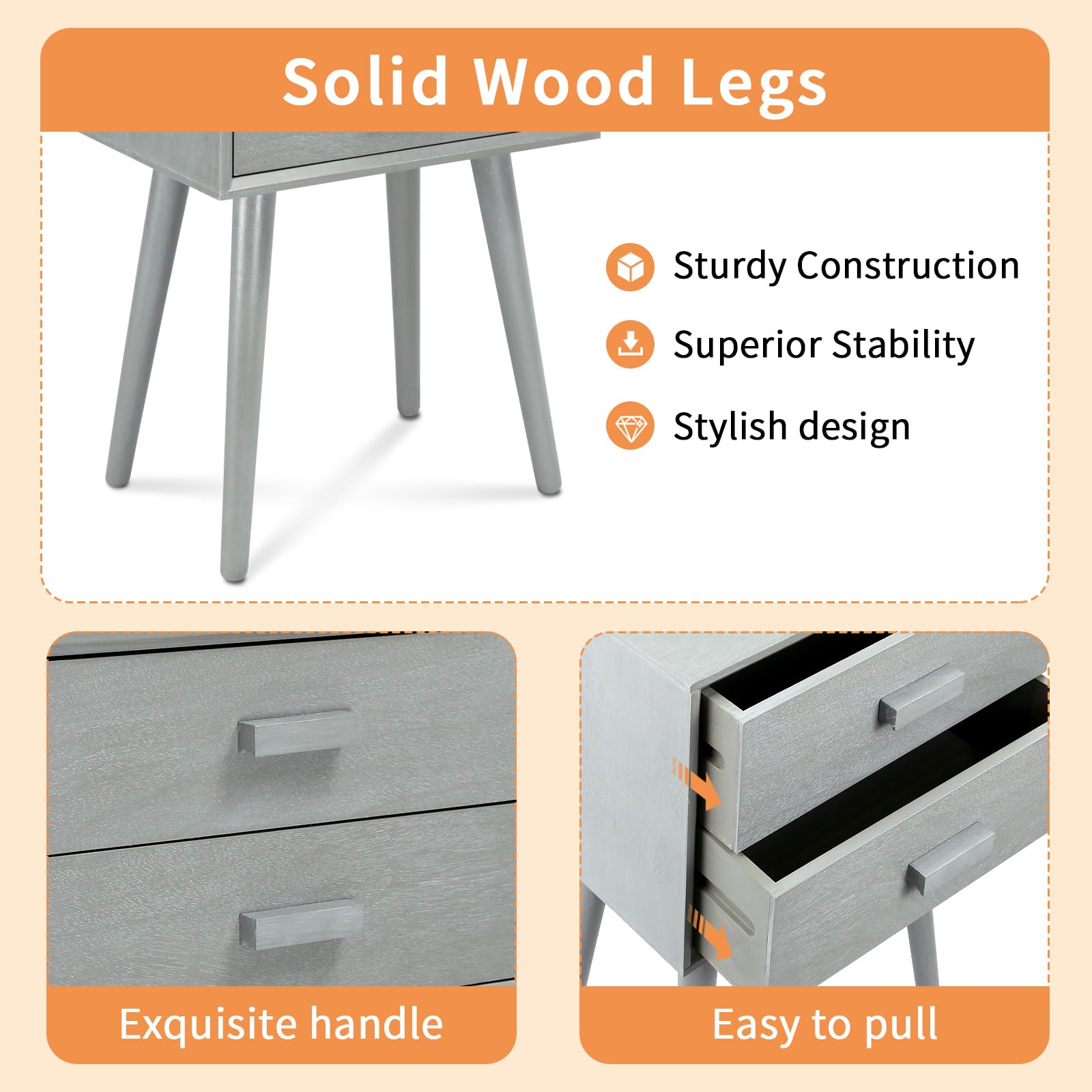Urbanest Hartford Two Drawer Nightstand - Slate Grey Bedside Table with Storage for Bedroom, Living Room & Small Spaces