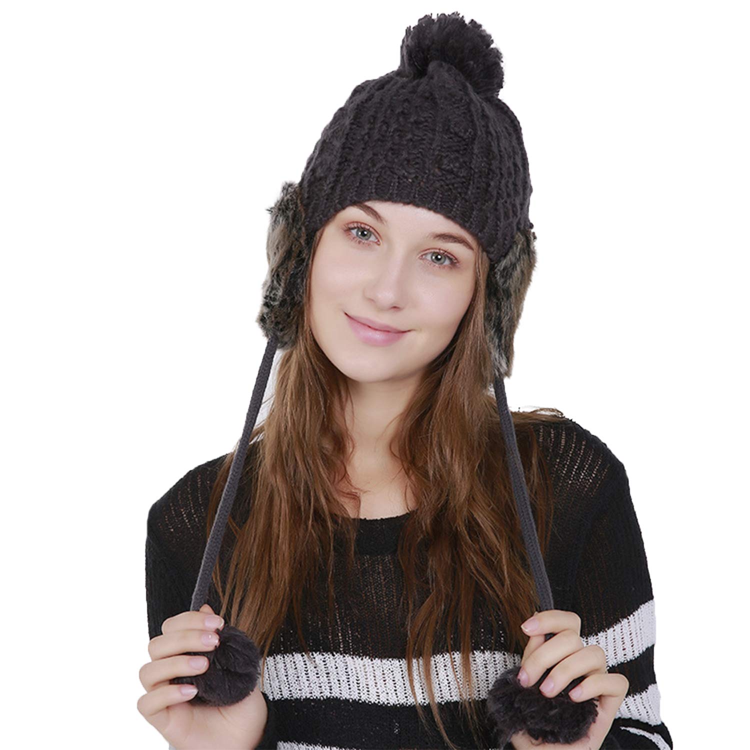 Women's Wool Earflap Hat - Winter Slouchy Chunky Knitted Beanie for Cold Weather - Warm Bonnet Caps for Outdoor Activities, Skiing, Snowboarding & Casual Wear
