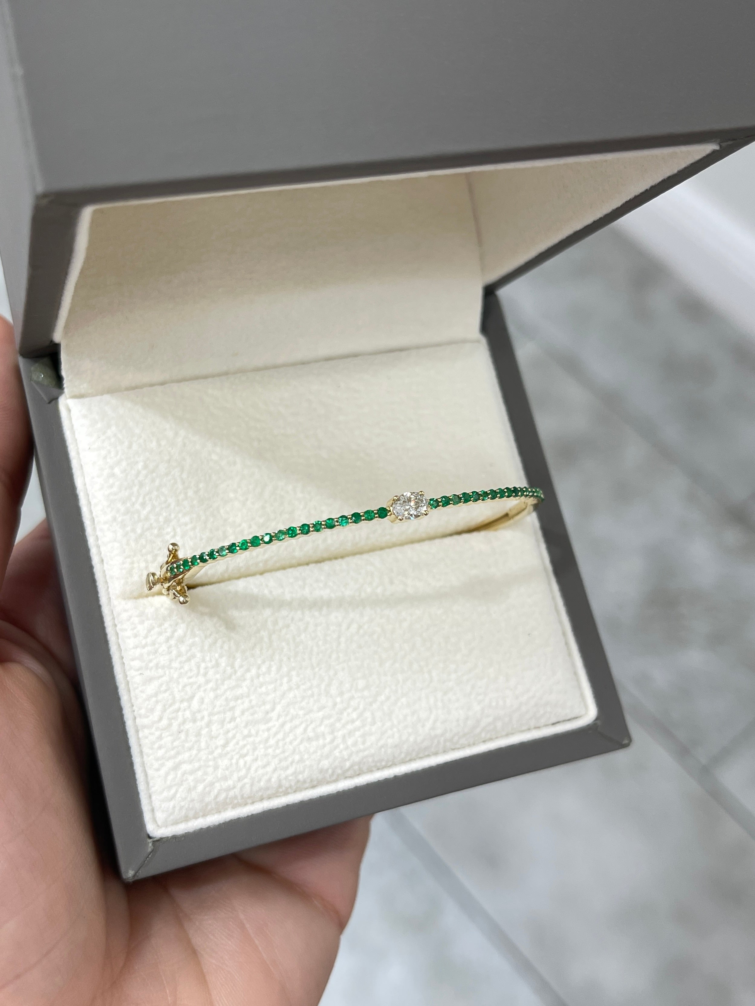 14K Yellow Gold Oval Diamond & Emerald Bangle Bracelet - 5.5 Inch Adjustable Wrist Size for Women | Perfect for Weddings, Anniversaries & Special Occasions