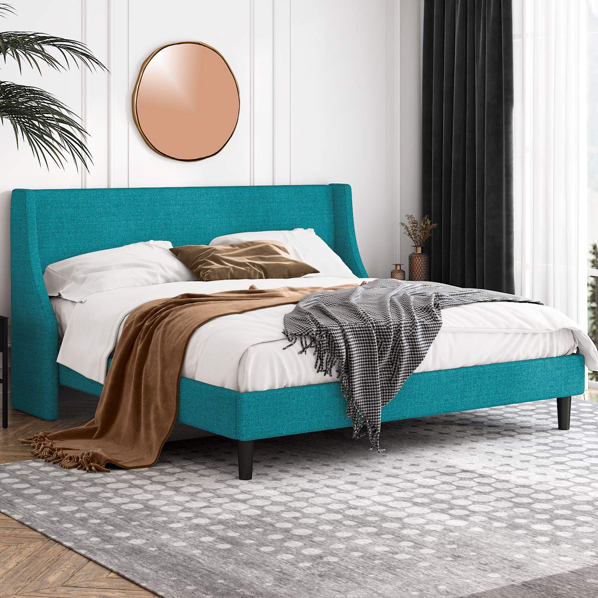 King Size Platform Bed Frame with Wingback Headboard - Upholstered Fabric Mattress Foundation with Wooden Slat Support, Jade Green - Modern Bedroom Furniture for Master Bedroom & Guest Room