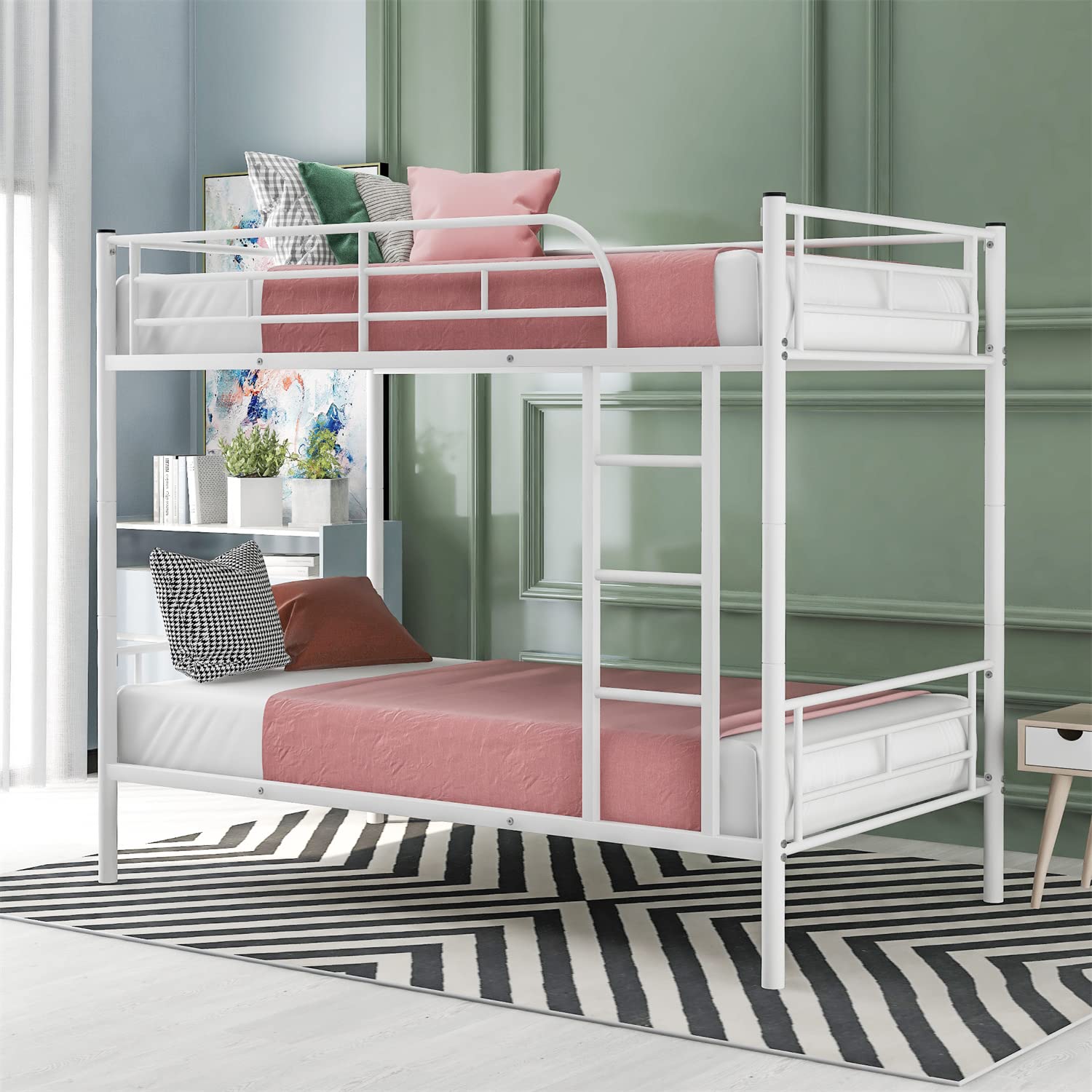 Twin Over Twin Bunk Bed - Sturdy Metal Loft Bed Frame with Full-Length Guardrails & Ladder | Space-Saving Design Converts to 2 Separate Beds | No Box Spring Needed | Under-Bed Storage Space | White | Perfect for Kids' Bedrooms, Dorms & Small Spaces