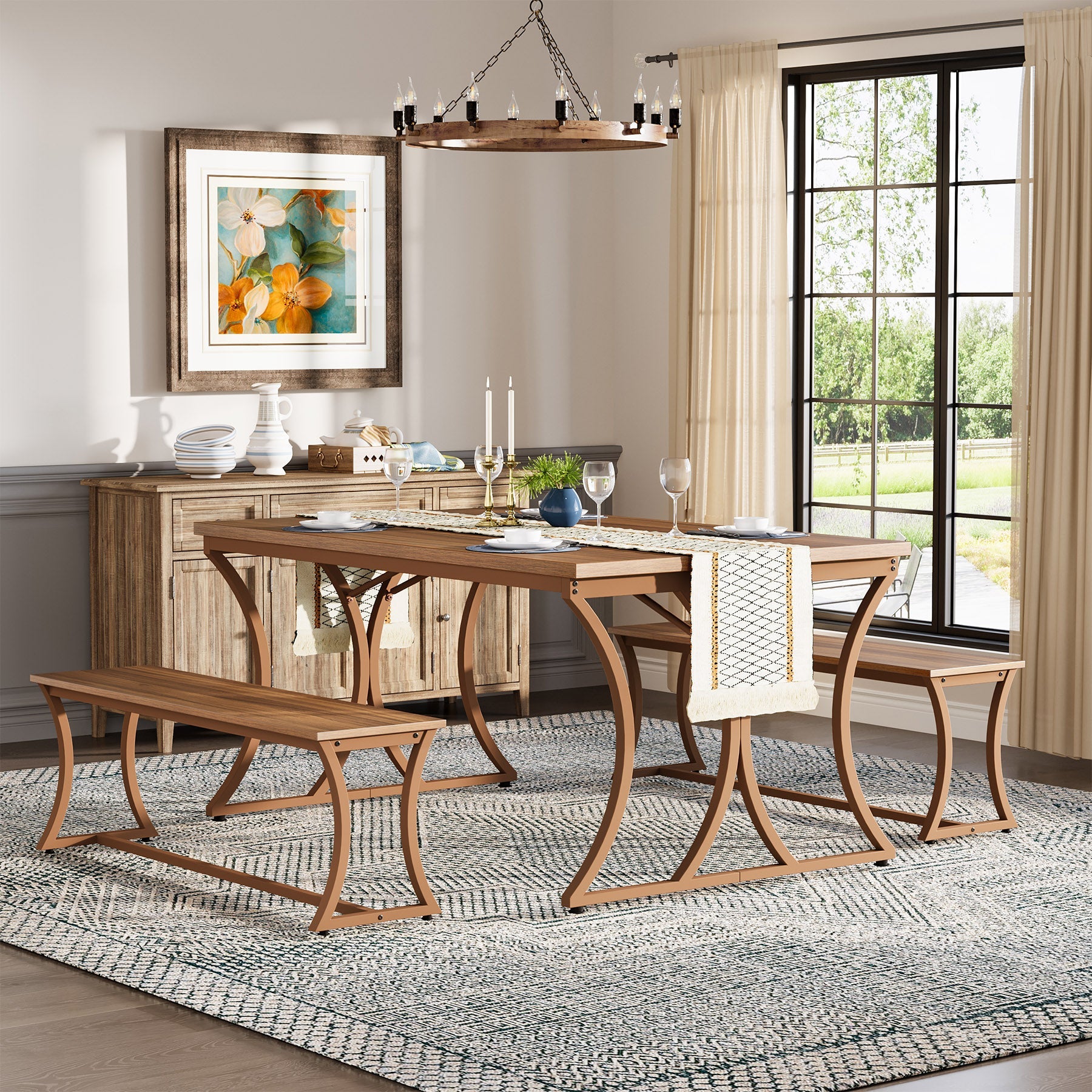 4-Piece 51-Inch Dining Table Set with 2 Benches & Table Runner - Modern Kitchen Furniture for Small Spaces, Perfect for Breakfast Nook, Apartment Dining or Outdoor Patio