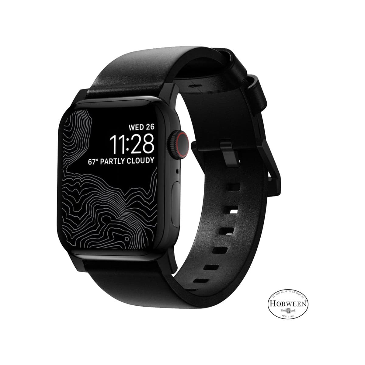 NOMAD Modern Leather Band for Apple Watch Series 8/7/6/SE (45mm/49mm) - Black Horween Leather Strap with Black Hardware | Durable & Stylish Replacement Band for Work, Travel & Everyday Wear