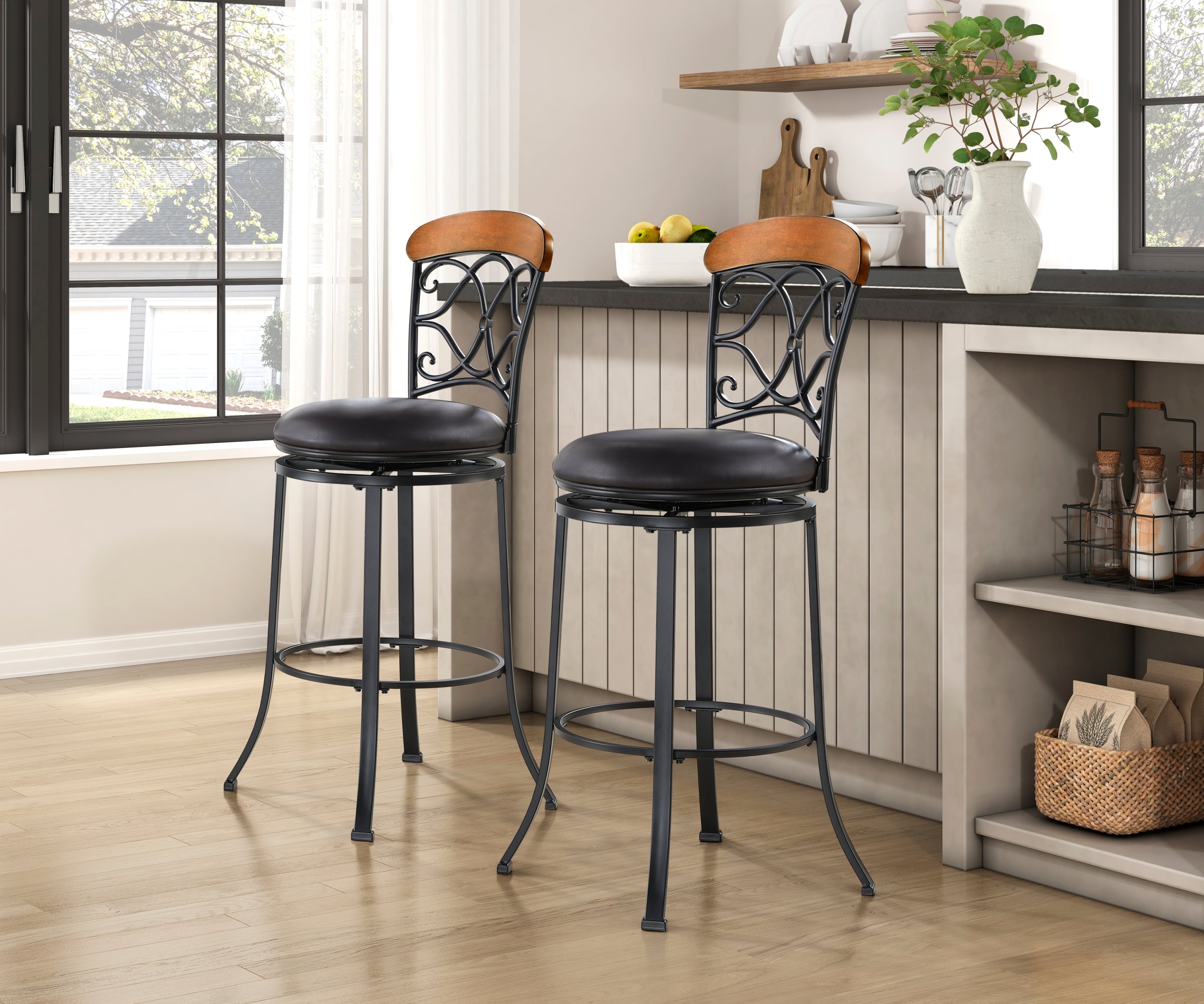 1pc Black Faux Leather Pub Height Swivel Bar Stool with Metal Frame - Adjustable Height Dining Chair for Kitchen Island, Home Bar & Game Room