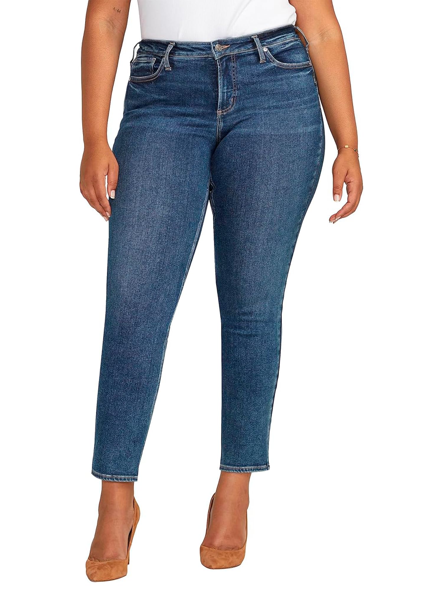 Silver Jeans Co. Women's Plus Size Infinite Fit Mid Rise Straight Leg Jeans - Comfortable Stretch Denim Pants for Casual Wear & Everyday Outfits