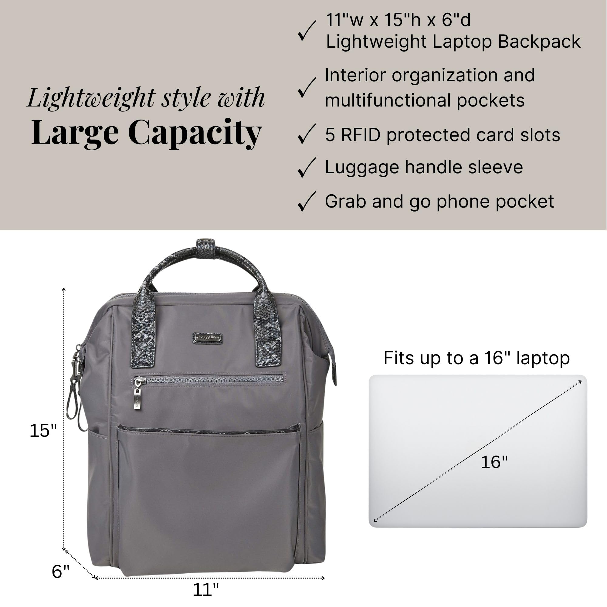 Baggallini Soho Backpack for Women - Lightweight Water-Resistant Laptop Backpack with USB Charging Port - Perfect for Travel, Work & College - Smoke/Faux Python Design