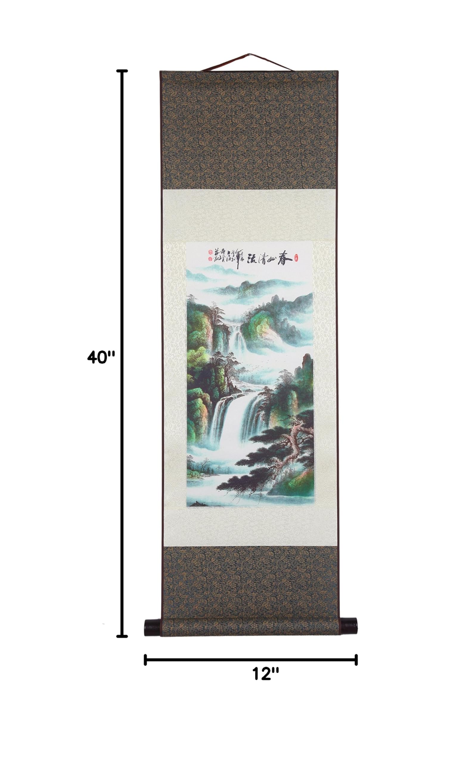 Chinese Wealth Mountain Trees Silk Scroll Wall Art - Traditional Calligraphy Hanging Painting 12'' X 40'' - Perfect for Home Decor, Office Feng Shui & Asian-Inspired Interior Design