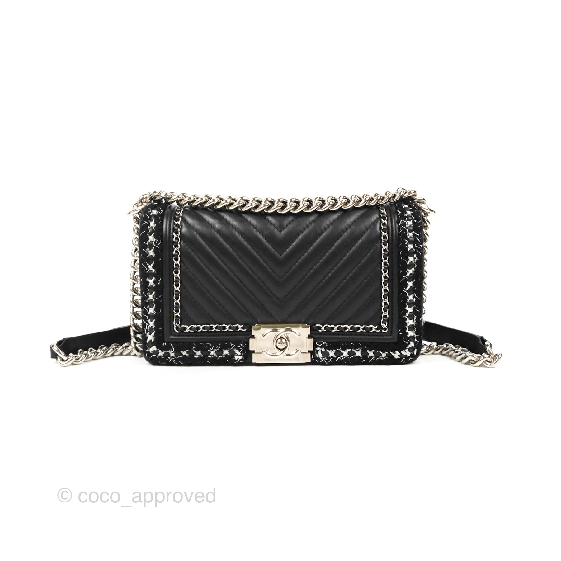 Chanel Chevron Braid Around Chain Boy Bag - Black Calfskin Leather with Silver Hardware | Luxury Crossbody Bag for Women, Perfect for Date Night & Evening Events