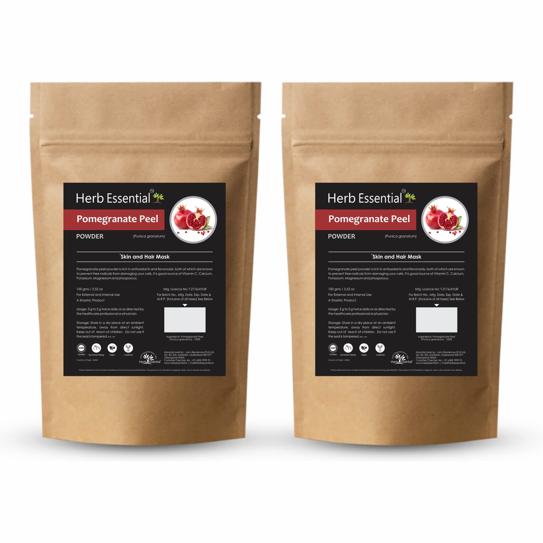 Organic Pomegranate Peel Powder (Punica Granatum) 100g - Pack of 2 | Natural Skin & Hair Care, DIY Face Masks, Herbal Remedies, Vegan Beauty Products