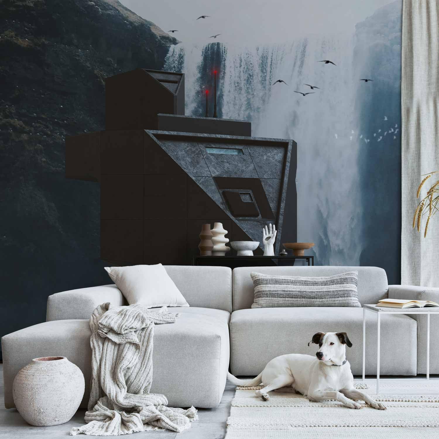 Artgeist Peel and Stick Wall Mural - 173x124 in Abstract Landscape Waterfall & Spaceship Design - Removable Self-Adhesive Wallpaper for Living Room, Bedroom, Office Decor - Large Wall Sticker with Premium Foil Print