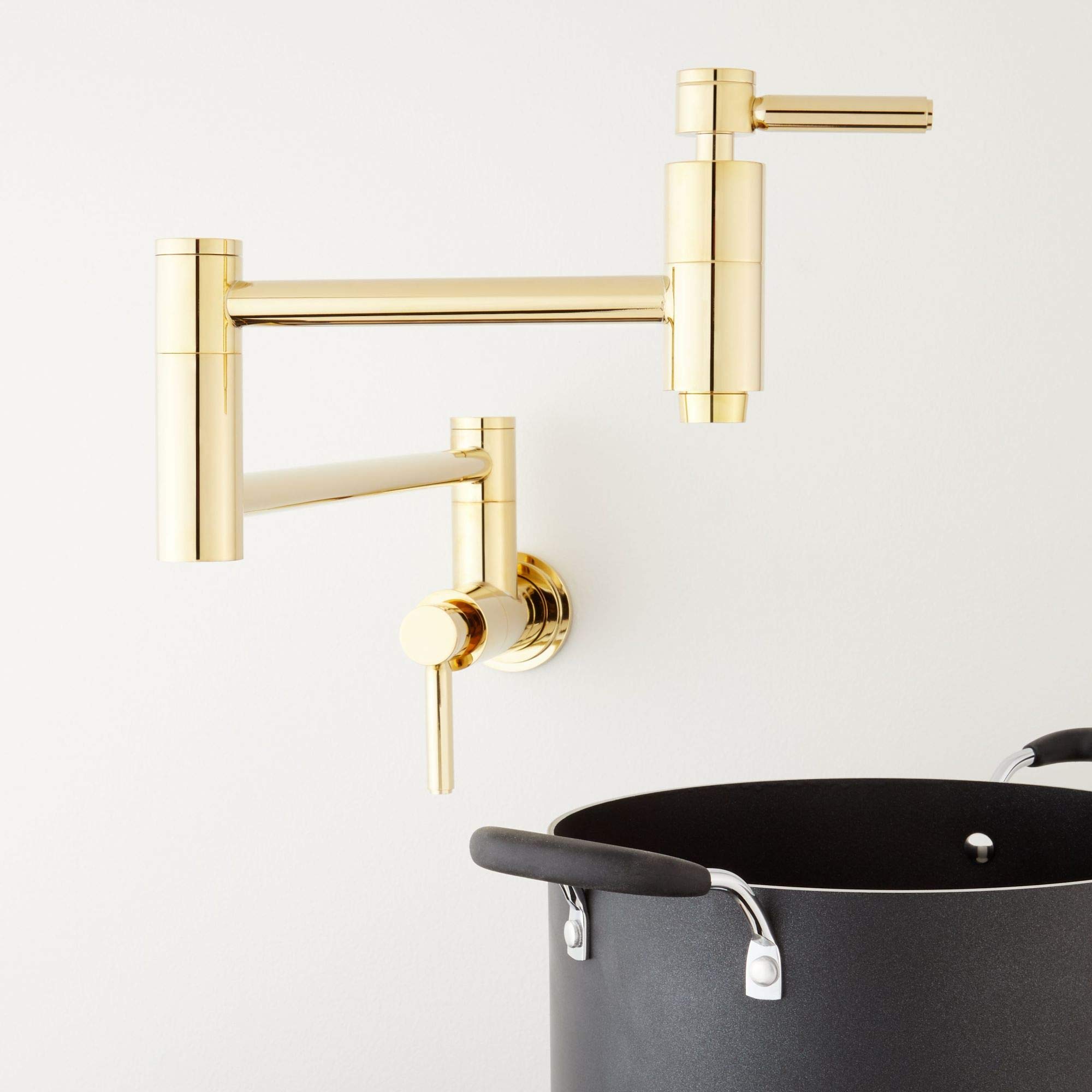 Signature Hardware 450649 Contemporary Double Handle Wall Mounted Pot Filler in Polished Brass - Ideal for Kitchen Sink, Stove & Cooking Area