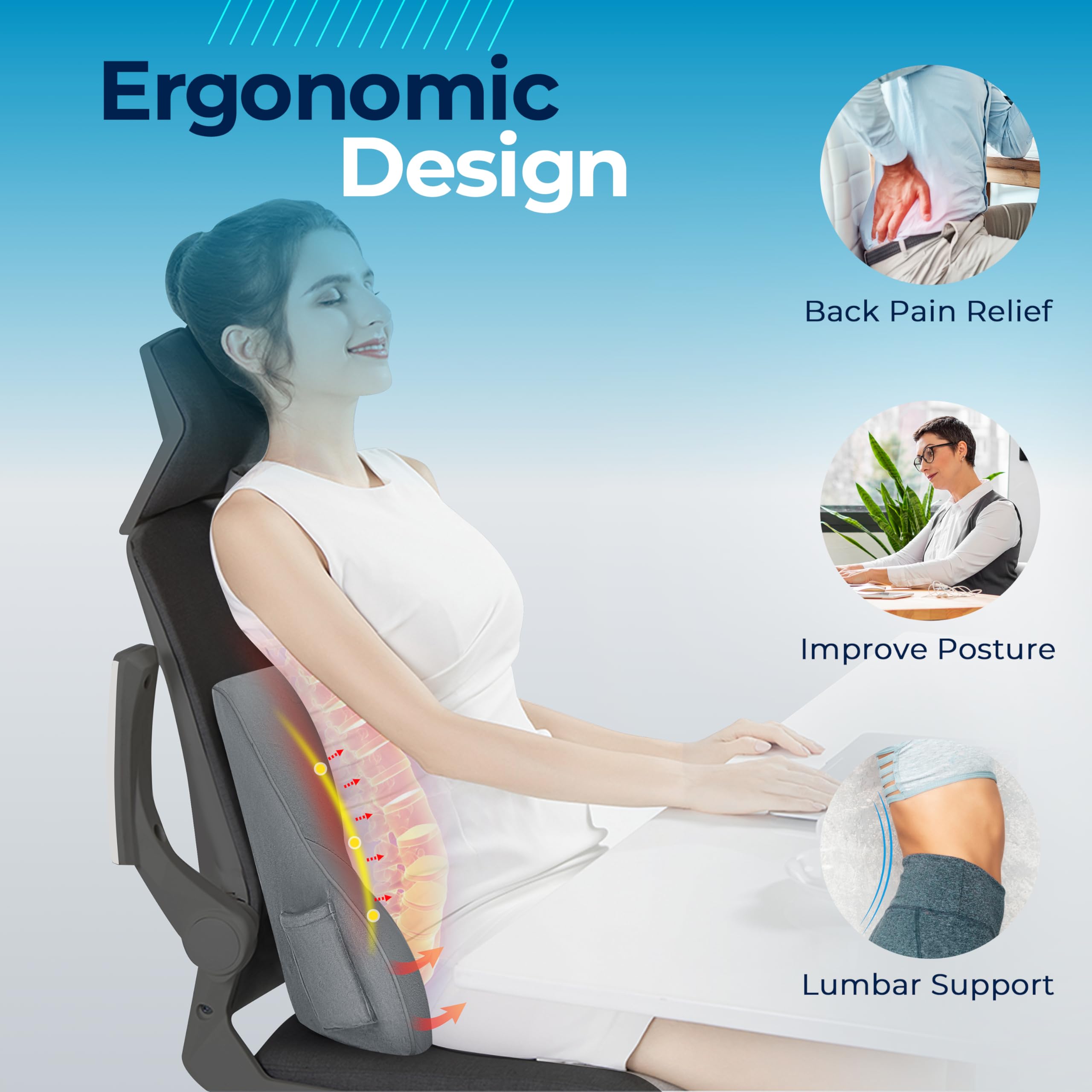 COMFIER Lumbar Back Support Pillow for Office Chair with 3 Vibration Modes & 2 Heat Levels - Gray | Ergonomic Massage Cushion for Home, Car & Office Use | Relieves Back Pain & Improves Posture
