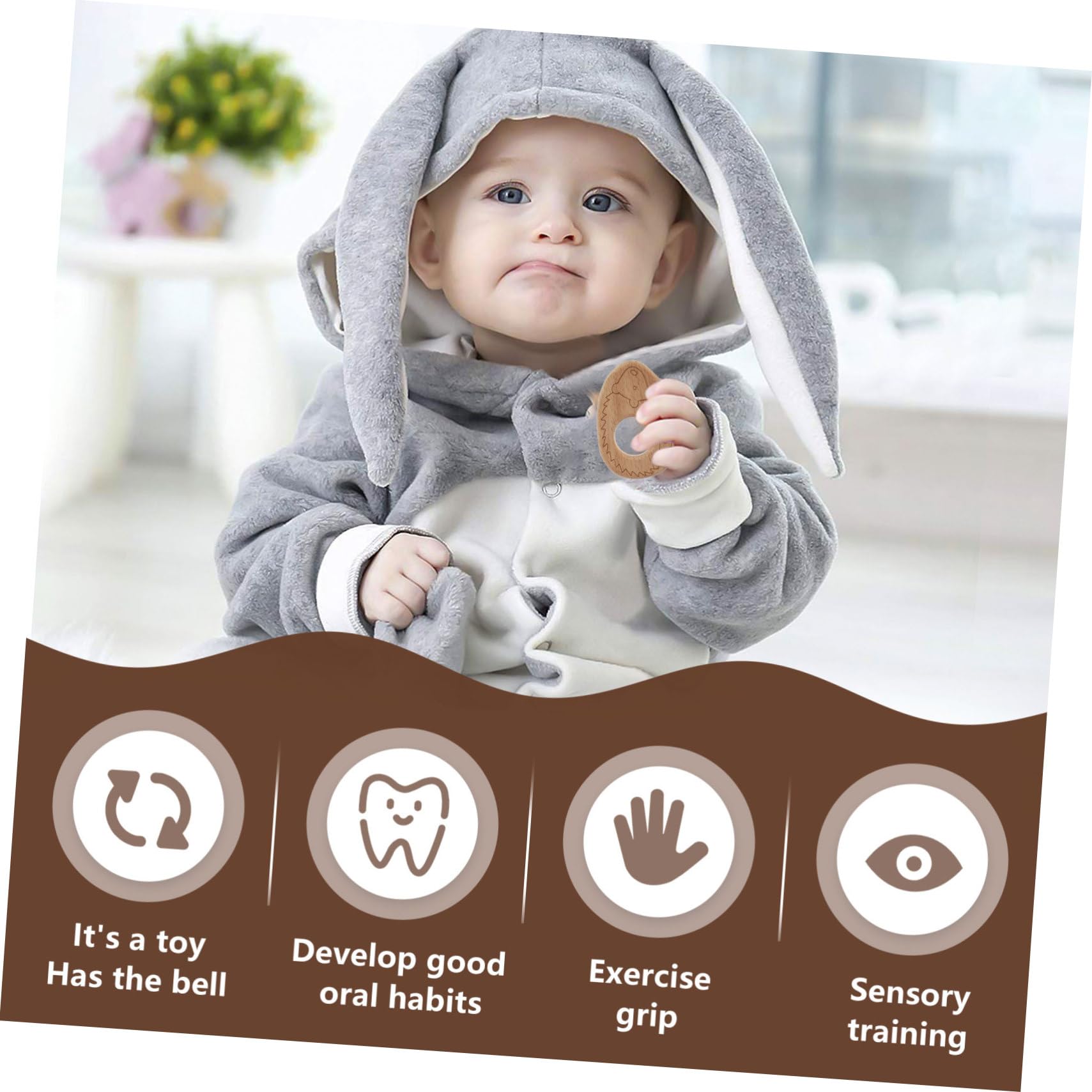 Anneome 10pcs Natural Wooden Teething Pendant Play Gym Toy - Safe Baby Teether & Sensory Toy for Infants & Toddlers - Perfect for Crib, Stroller, and Playtime (Beech Wood)