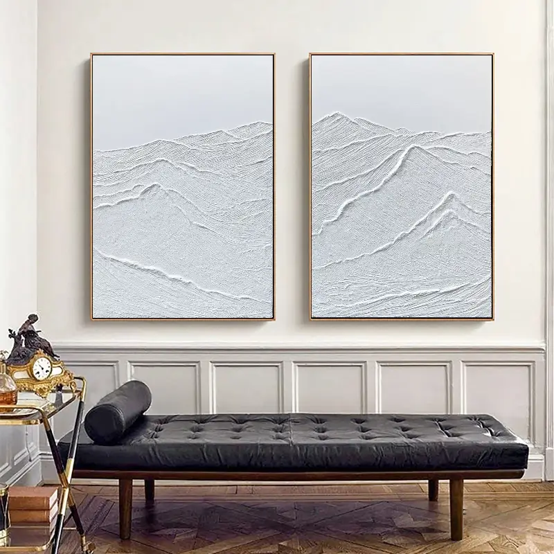Modern White Minimalist Textured Canvas Paintings - Set of 2 Abstract Wall Art for Living Room & Bedroom Decor | #MM066
