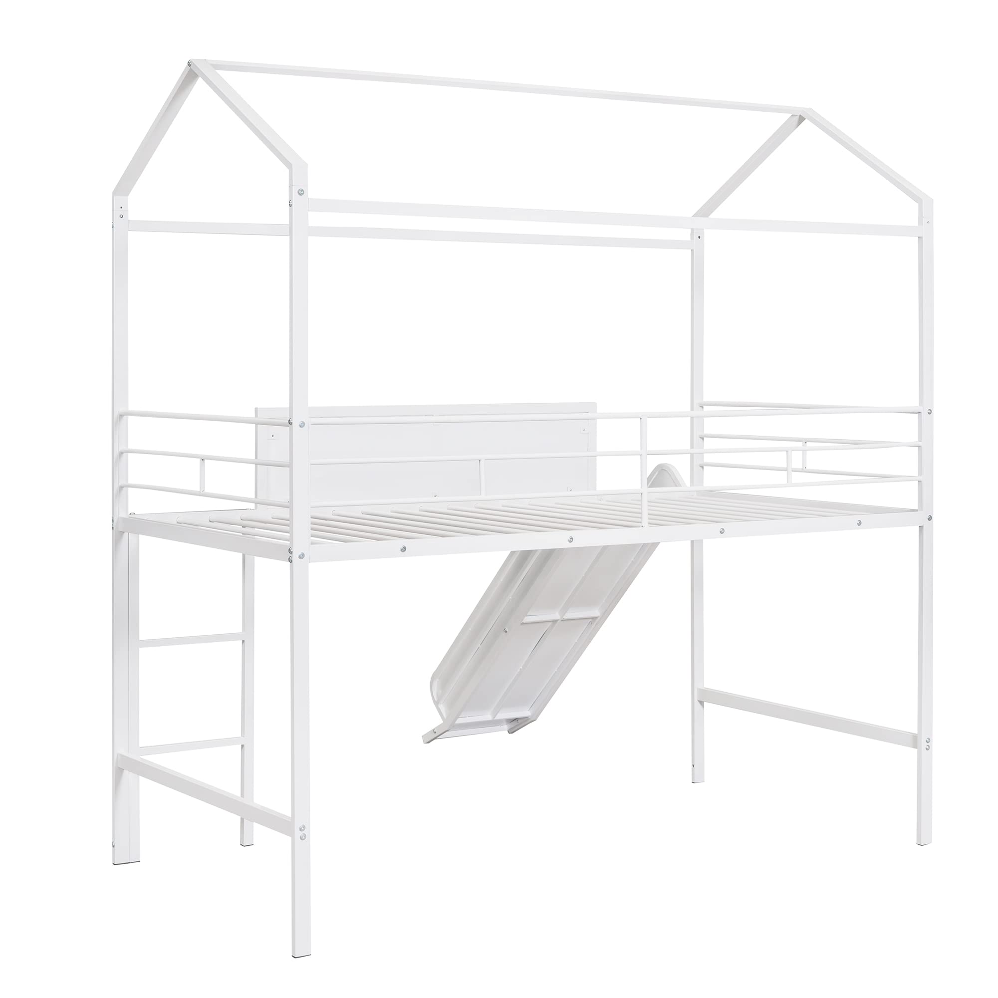 Twin Size Metal Loft Bed with Slide for Kids - Space-Saving Steel House Bed Frame with Writable Wooden Board & Roof - Easy Assembly White Bunk Bed for Boys & Girls Bedroom - Perfect for Small Rooms, Play Areas & Sleepovers