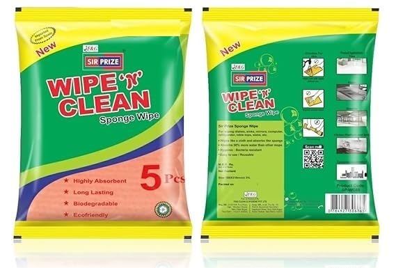 Premium SIR PRIZE Wipe N Clean Cellulose & Cotton Sponge Wipes - 5-Pack for Kitchen Cleaning, Dishwashing & Countertop Care | Reusable & Absorbent Cleaning Cloths