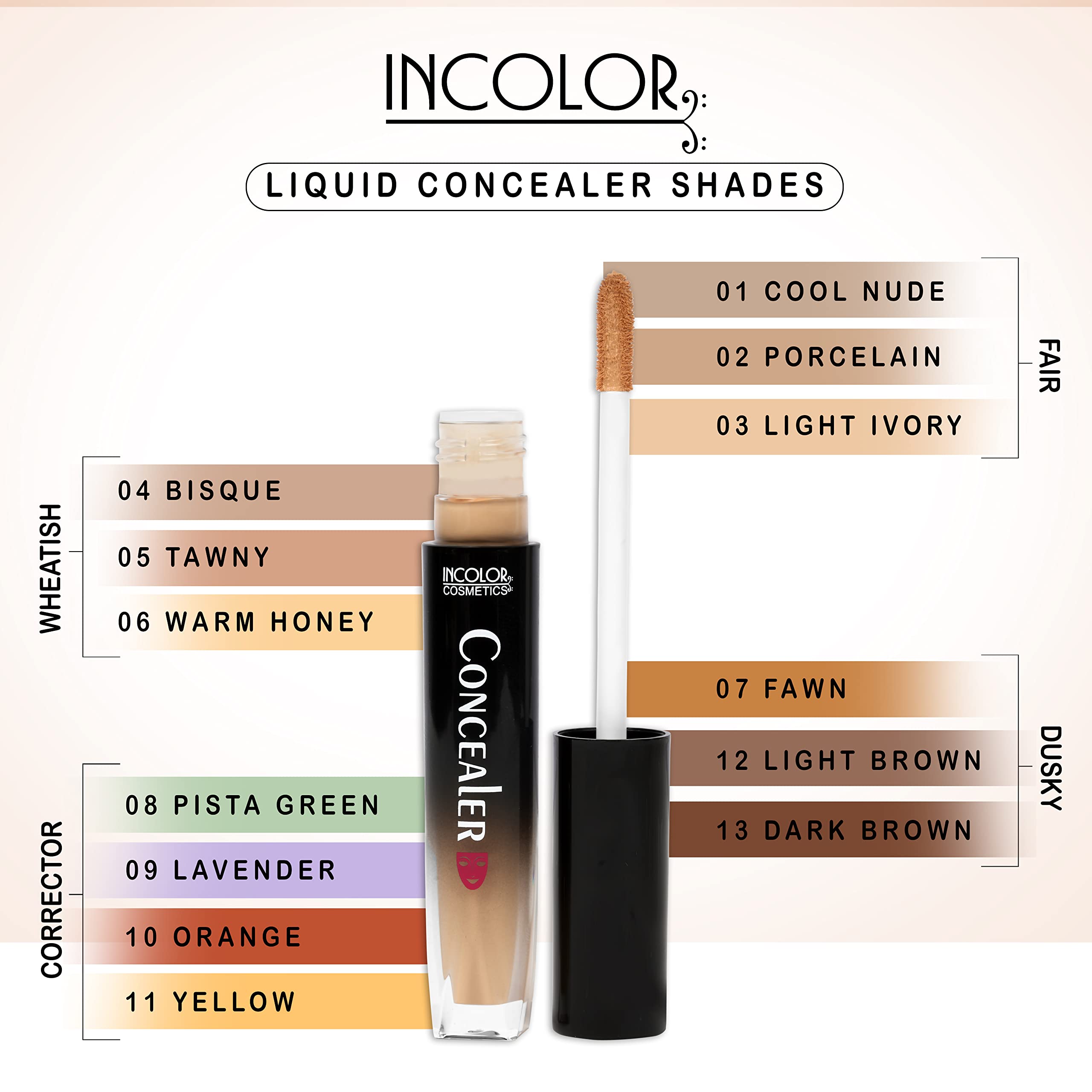 INCOLOR Lightweight Waterproof Liquid Concealer - Full Coverage Semi-Matte Finish for Dark Circles, Redness & Blemishes - Face Makeup for Women & Girls (Shade No.4) - Perfect for Everyday Wear & Professional Makeup Looks
