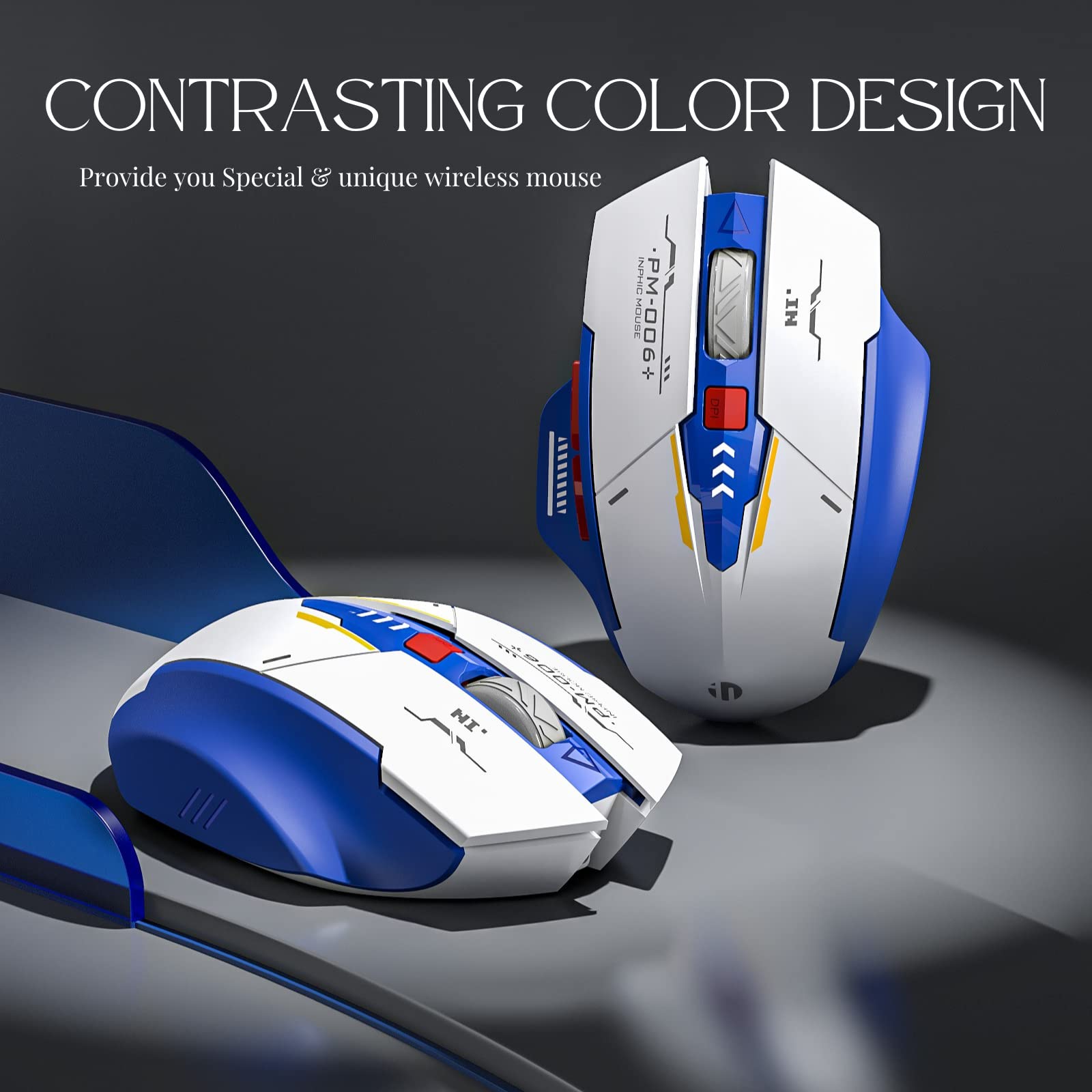 Rechargeable Wireless Mouse 2.4G USB Ergonomic Silent Computer Mouse with 3 Adjustable DPI Levels, Visible Battery Indicator, Blue & White Design for Laptop, PC, Office, and Home Use