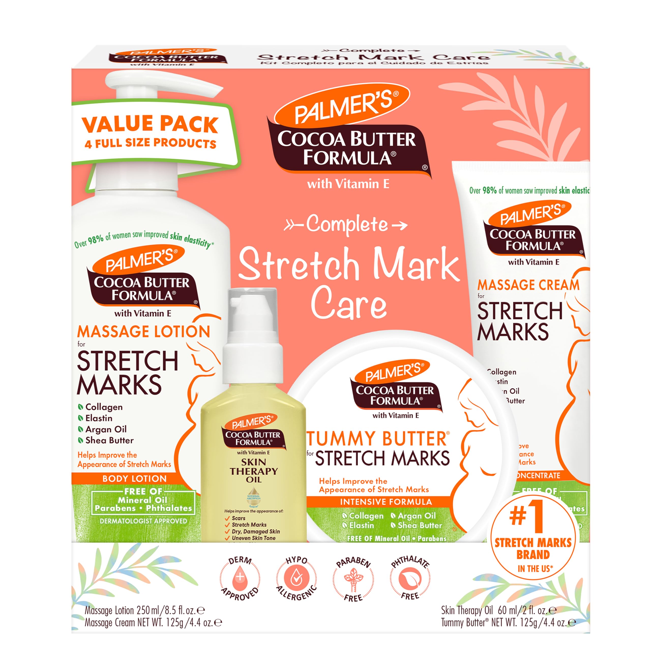 **Palmer's Cocoa Butter Formula Pregnancy Skin Care Kit – Stretch Marks & Scars Treatment, Dermatologist Approved, 4-Piece Full-Size Set – Perfect Gift for Expecting Moms, Ideal for Prenatal & Postpartum Care**