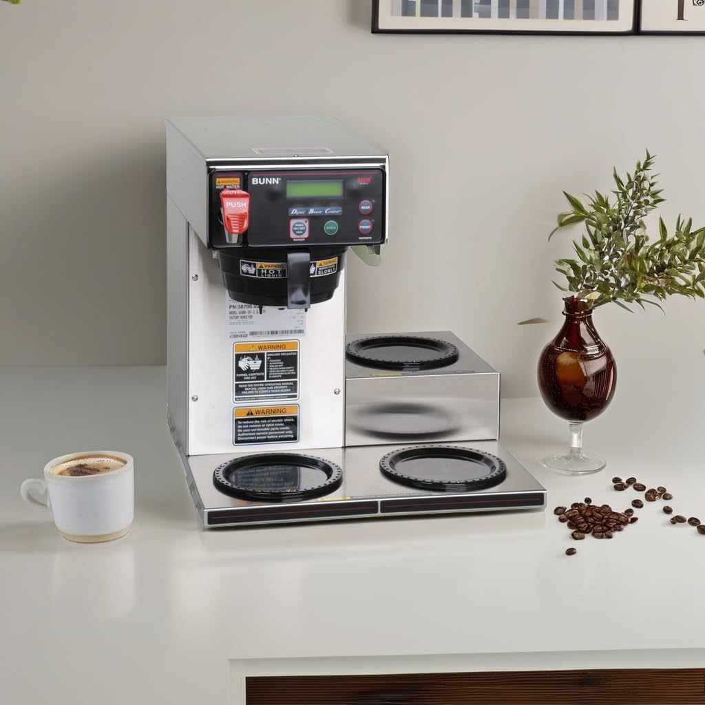 BUNN Axiom DV-3 Commercial Coffee Maker - 12 Cup Dual Voltage Automatic Brewer with 3 Lower Warmers, 7.5 Gallon Capacity, Grey (Model 38700.0009) - Perfect for Offices, Restaurants, and High-Volume Coffee Service