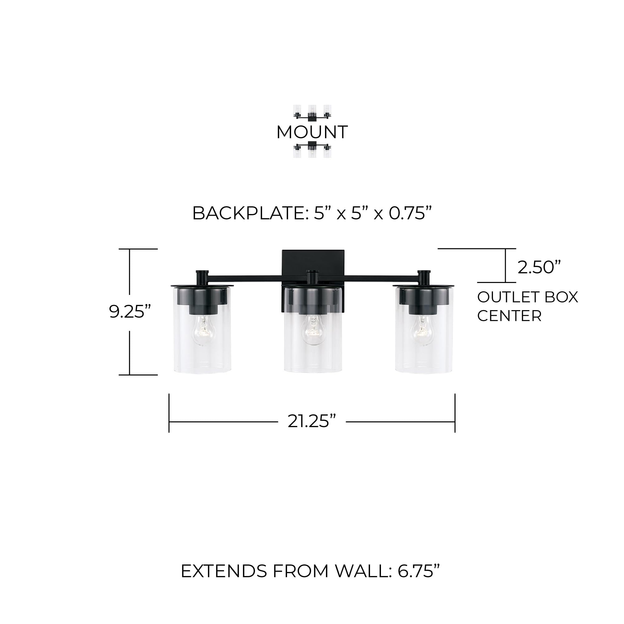 HomePlace Lighting 146831MB-532 3-Light Black Transitional Vanity Light with Clear Glass Cylinder Shades - 300W, 9