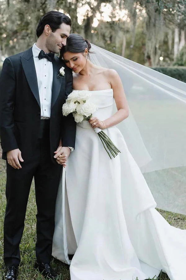 Elegant A-Line Strapless White Satin Wedding Gown with Thigh High Slit - Perfect for Bridal Ceremony, Vow Renewal & Formal Evening Events