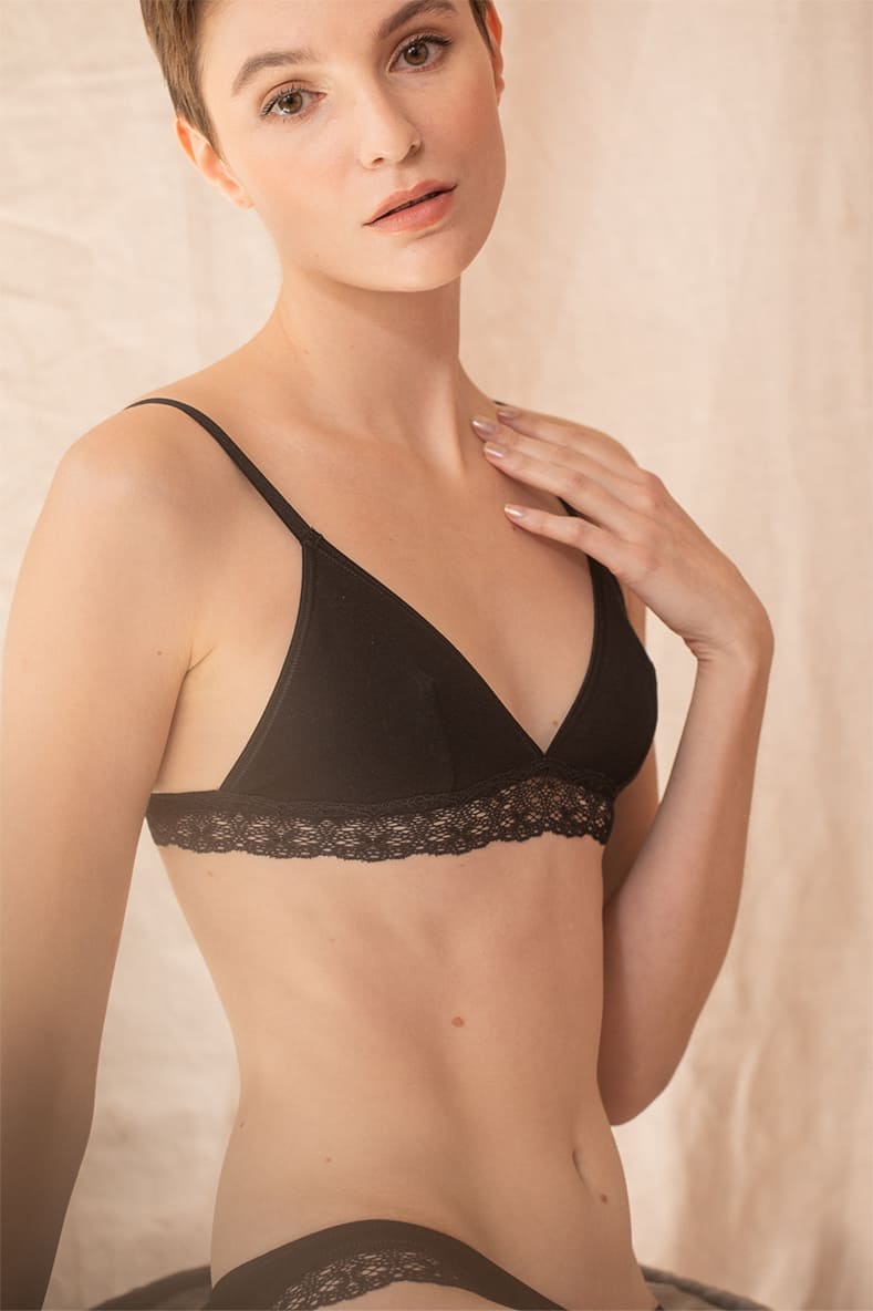Casamance Organic Cotton & Lace Triangle Bra - Comfortable Wireless Bralette for Women | Black | Perfect for Yoga, Lounge & Everyday Wear