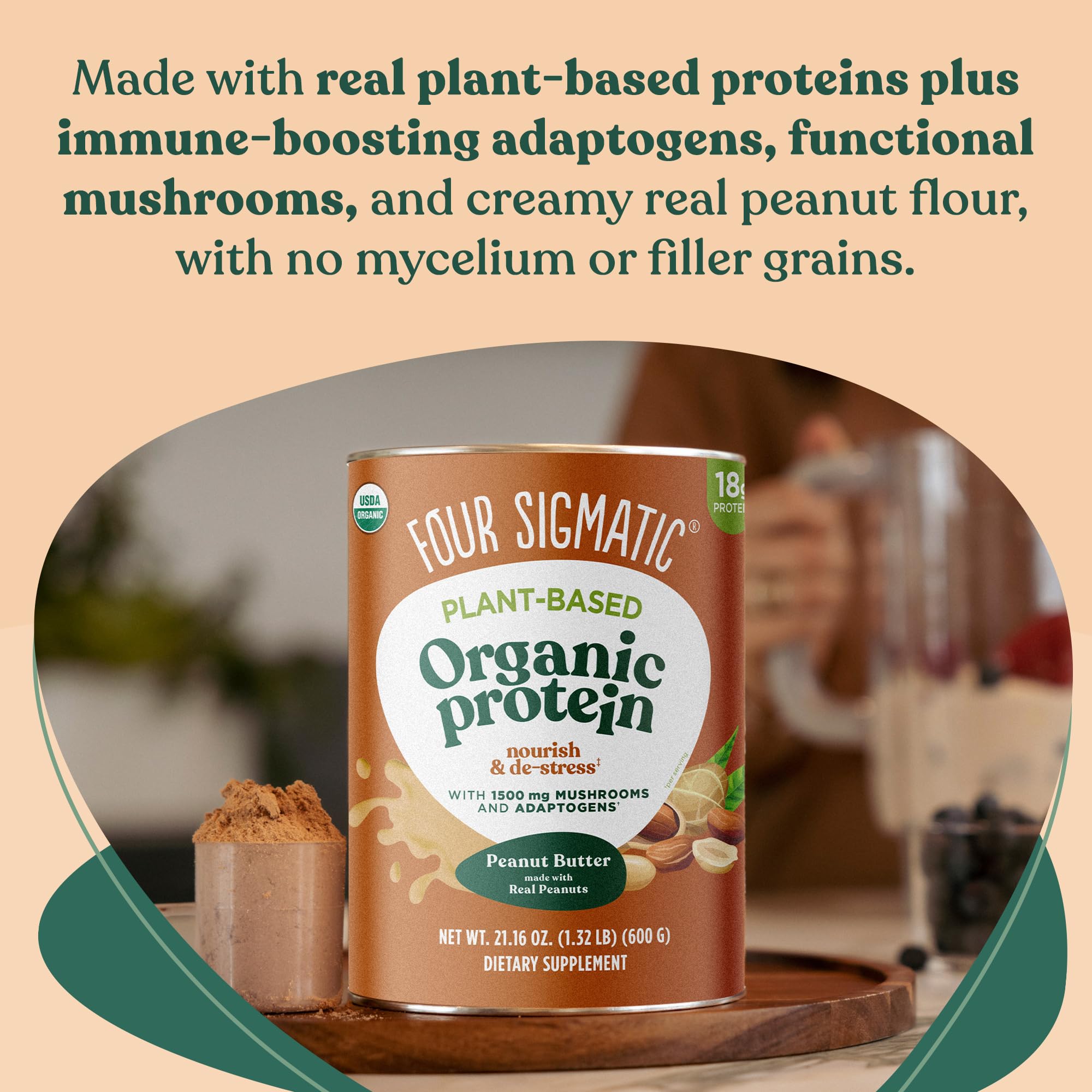 Four Sigmatic Organic Plant-Based Protein Powder - Peanut Butter Flavor with Lion’s Mane, Chaga & Cordyceps | Vegan Protein for Brain Function & Immune Support | 21.16 oz | Perfect for Post-Workout Recovery & Healthy Smoothies